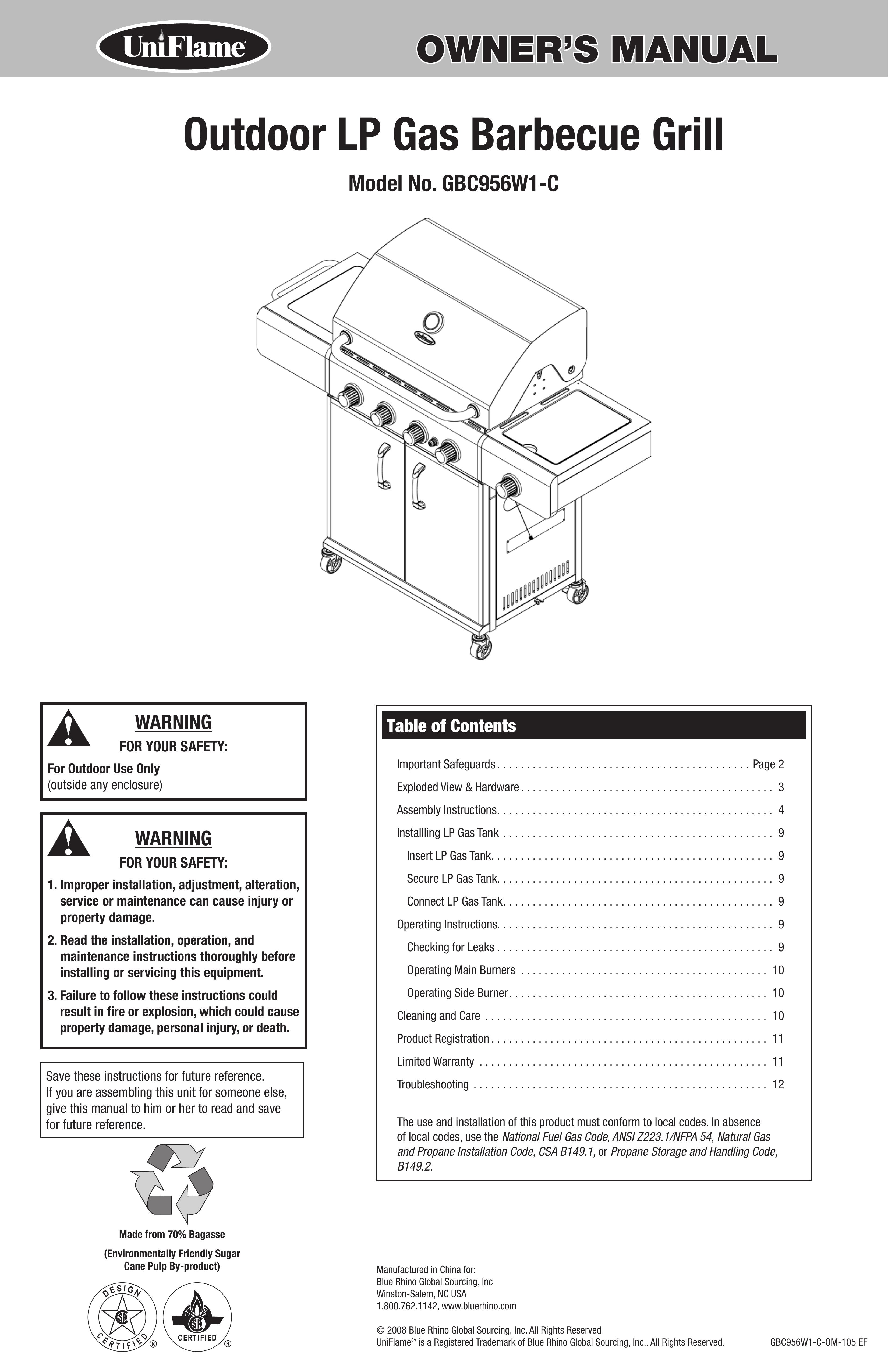 Uniflame GBC956W1-C Gas Grill User Manual