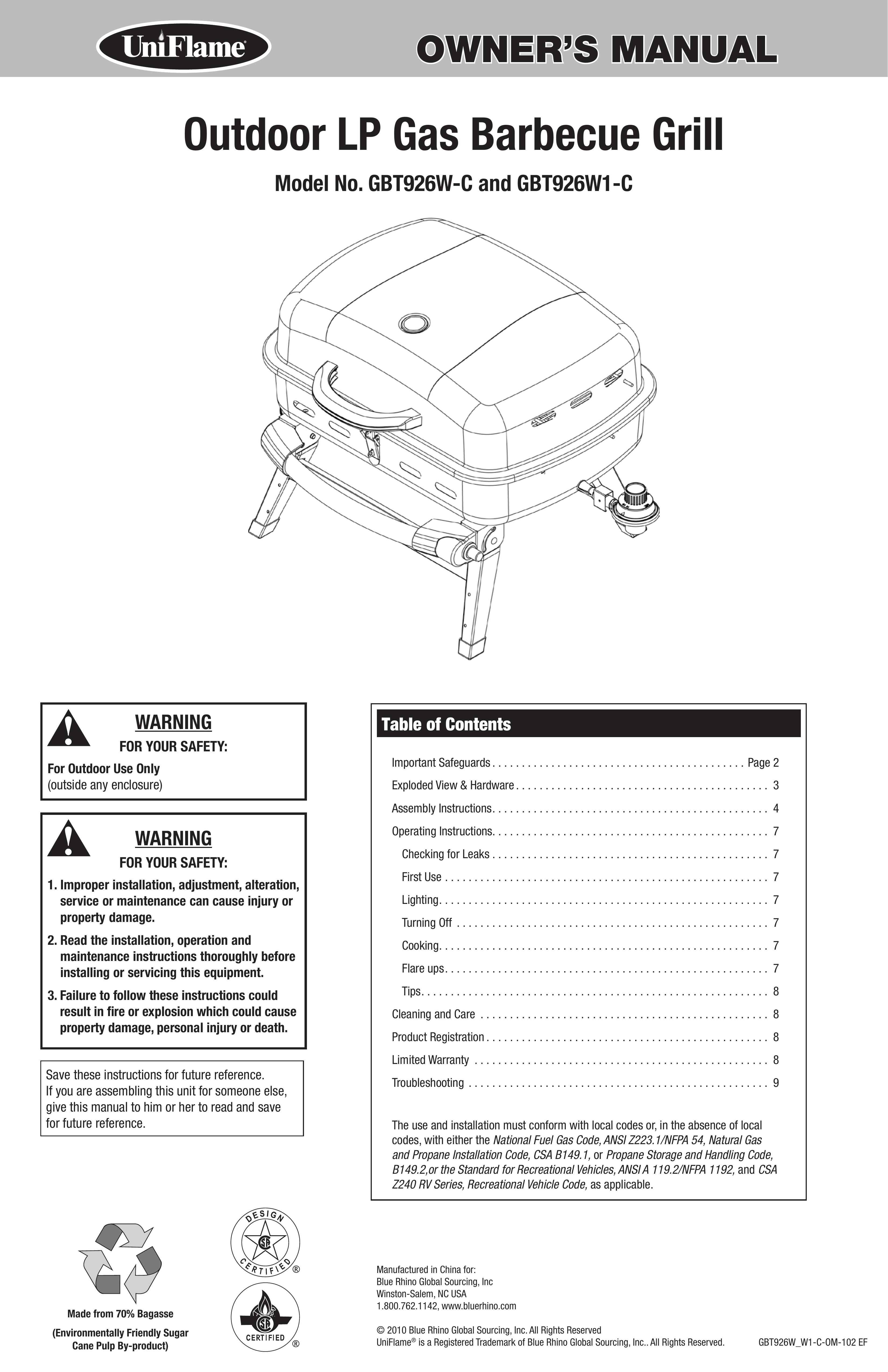 Uniflame GBT926W-C Gas Grill User Manual