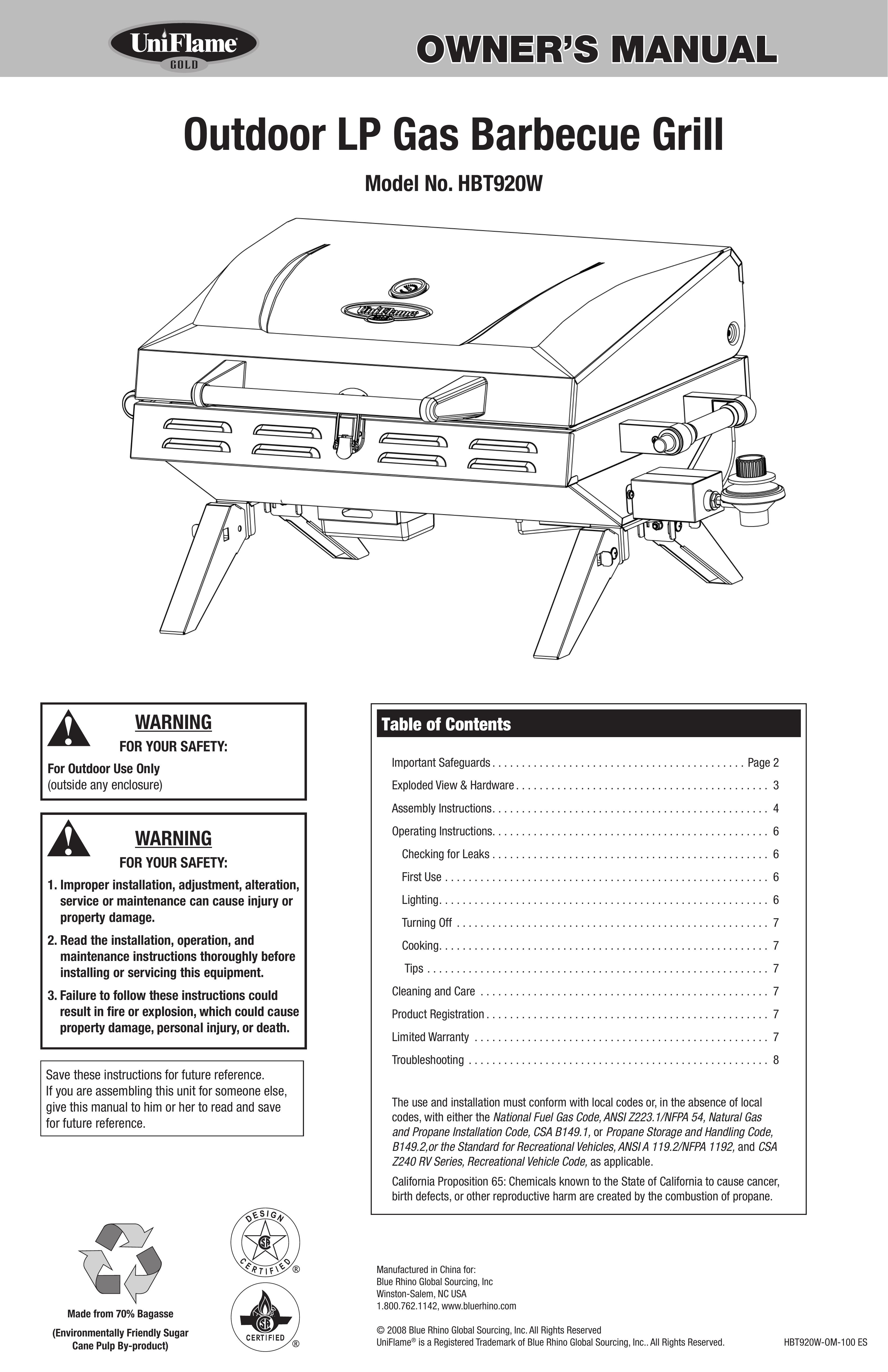 Uniflame HBT920W Gas Grill User Manual