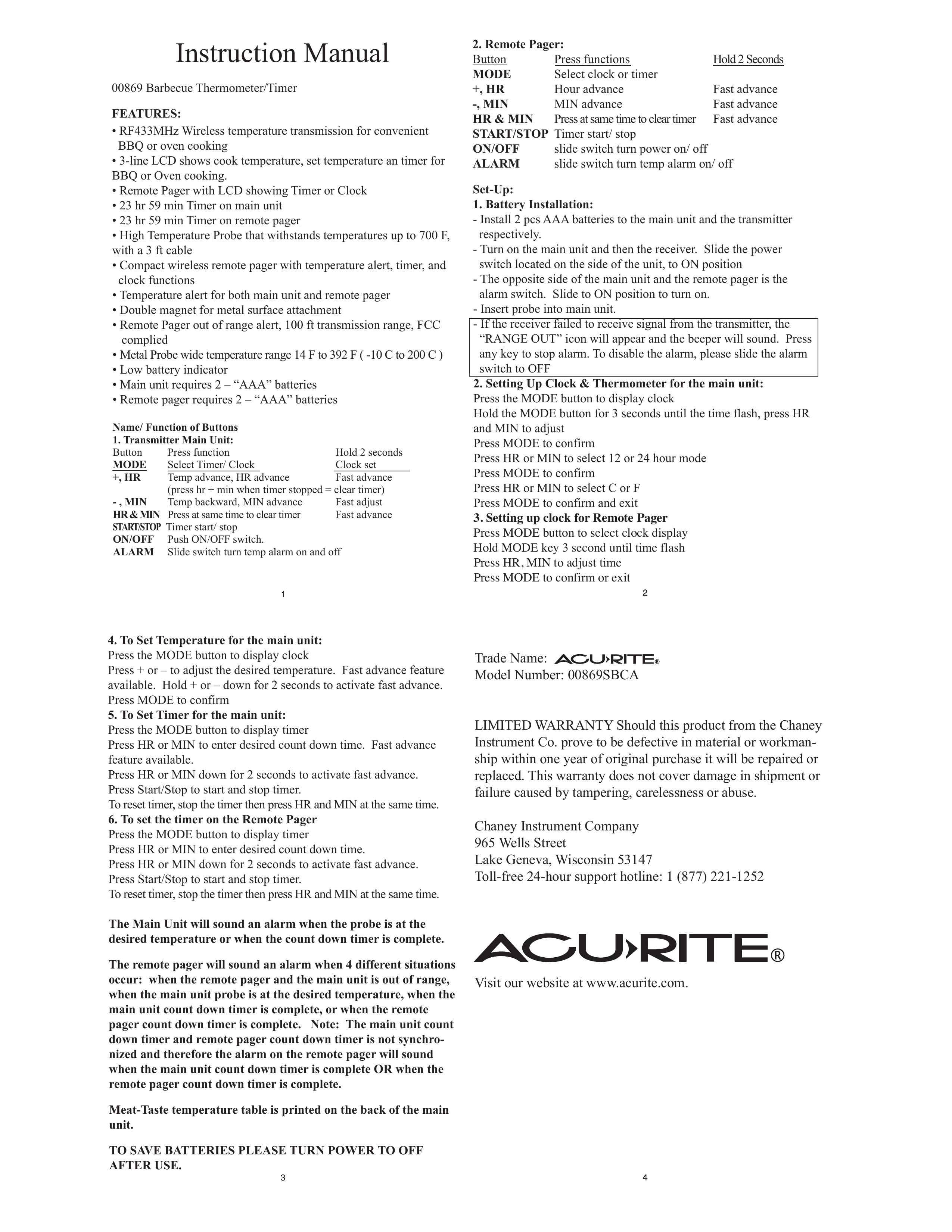 Acu-Rite 869 Grill Accessory User Manual