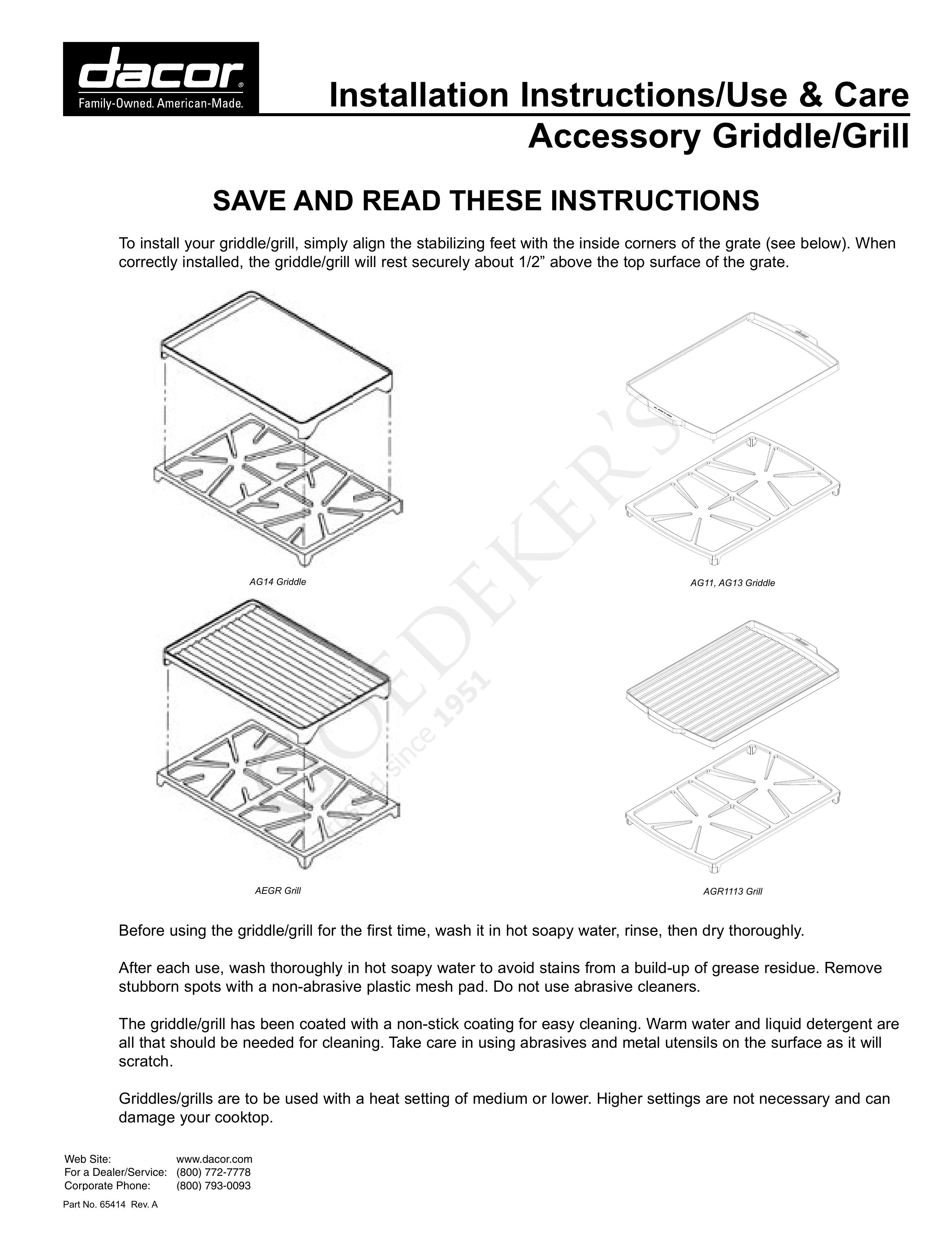 Dacor AGR1113 Grill Accessory User Manual
