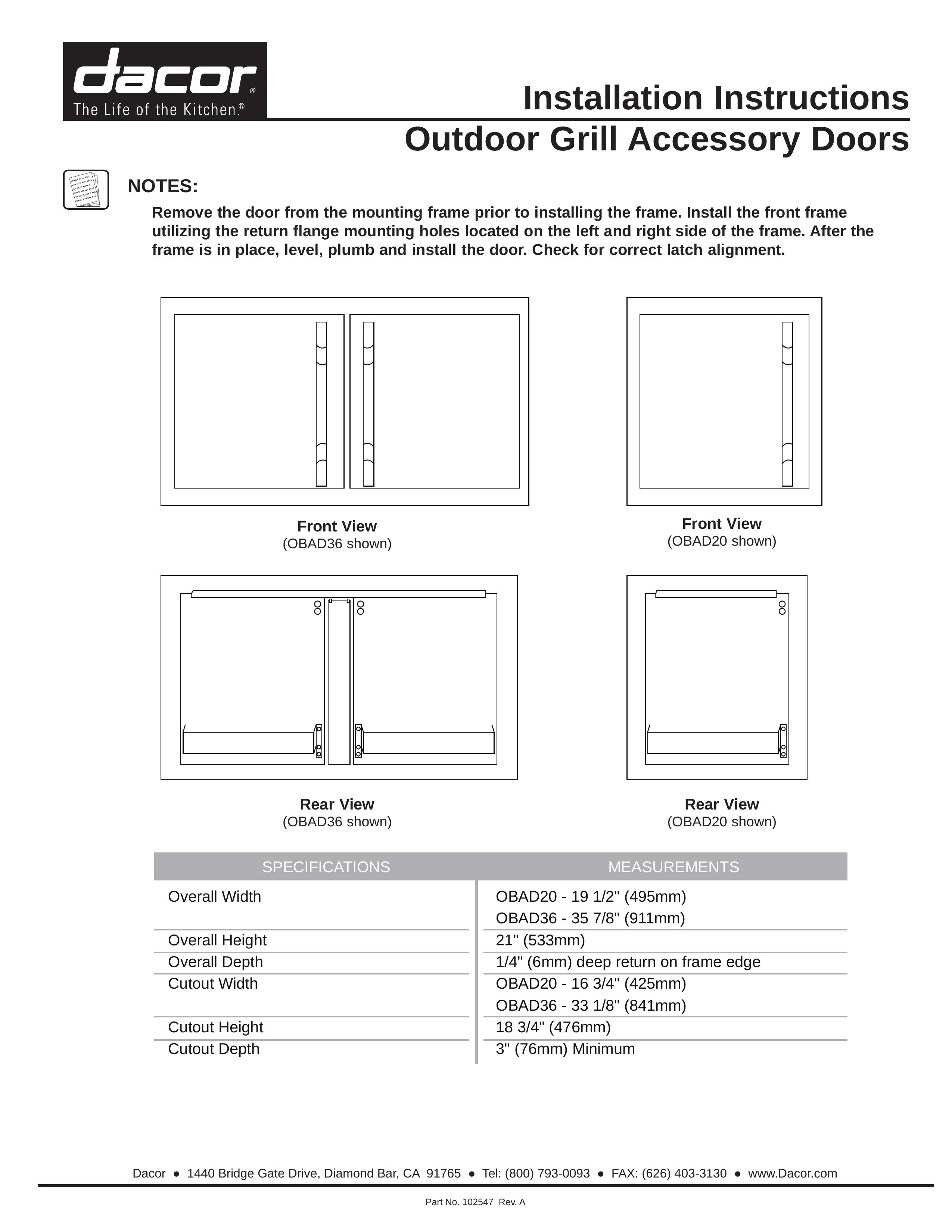 Dacor OBAD20 Grill Accessory User Manual