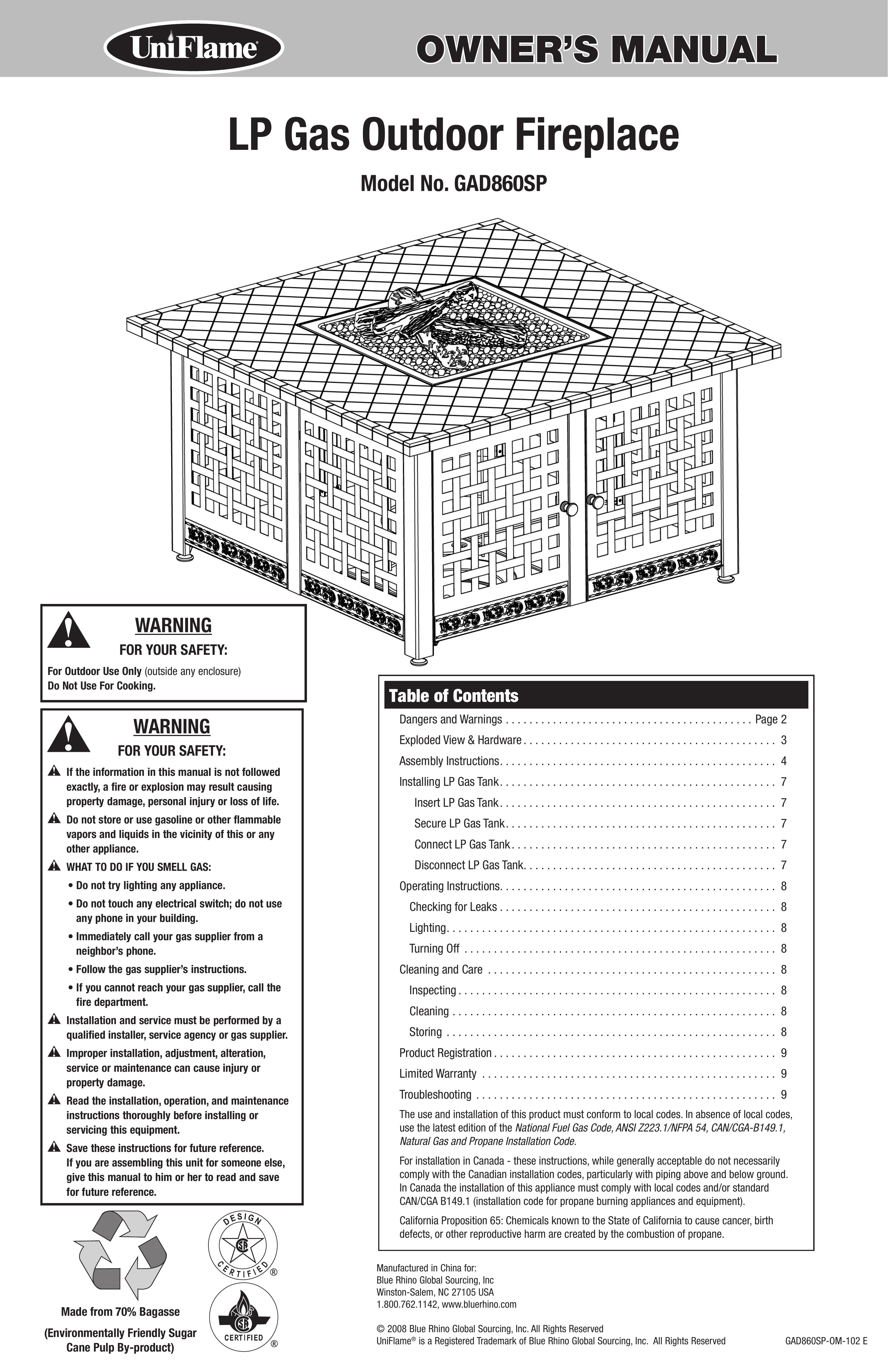 Blue Rhino GAD860SP Outdoor Fireplace User Manual