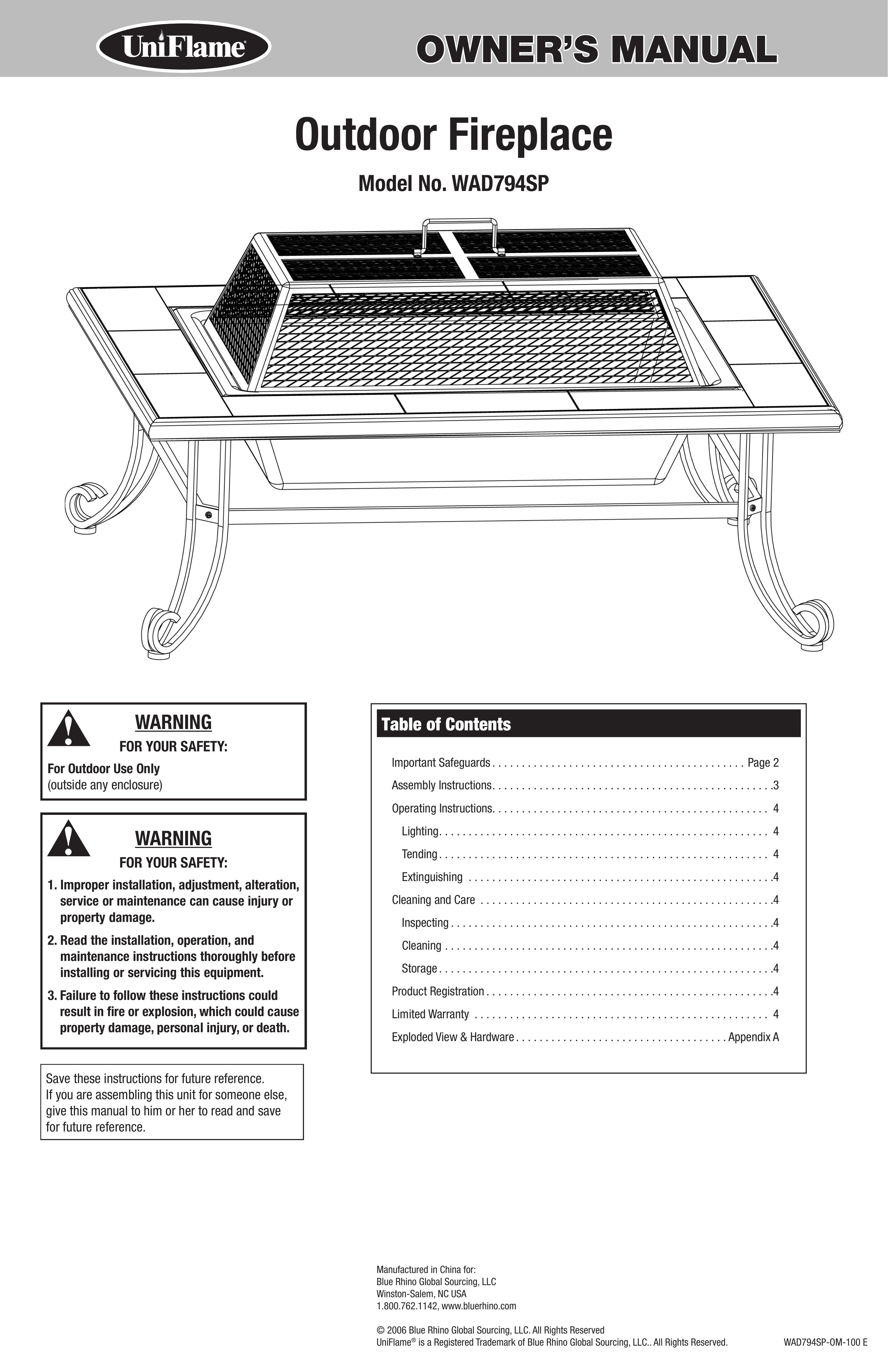 Blue Rhino WAD794SP Outdoor Fireplace User Manual