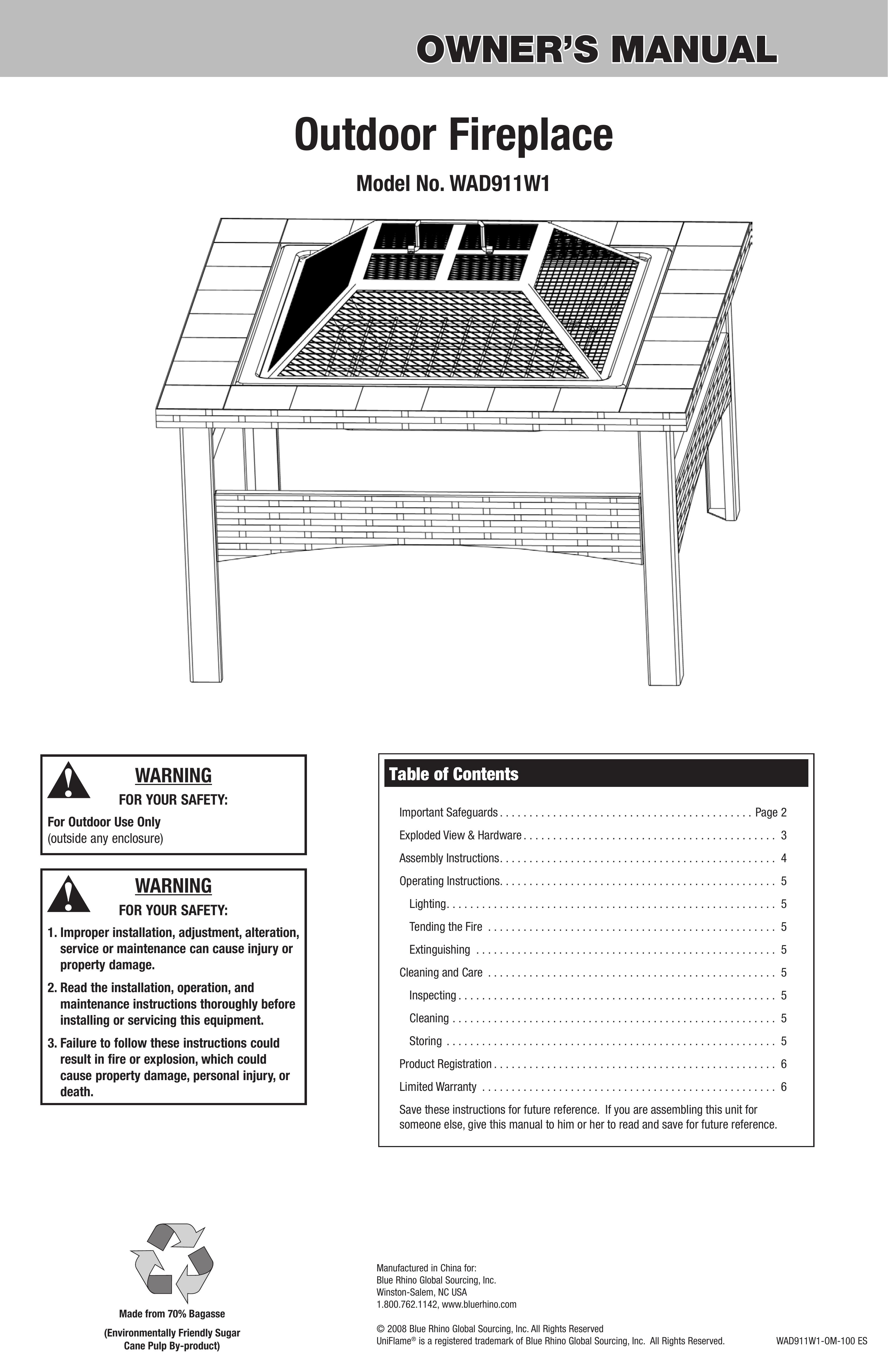 Blue Rhino WAD911W1 Outdoor Fireplace User Manual