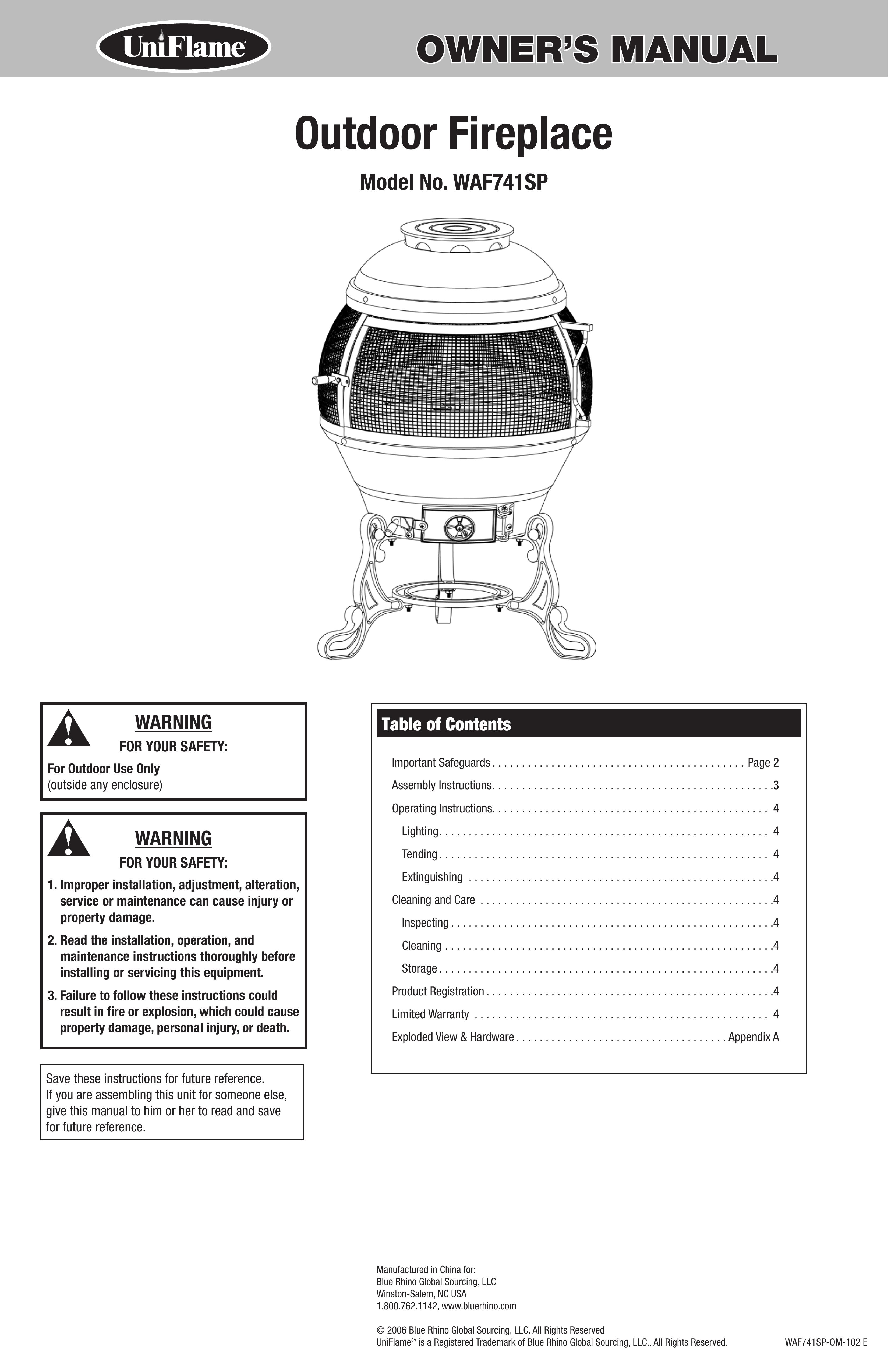 Blue Rhino WAF741SP Outdoor Fireplace User Manual