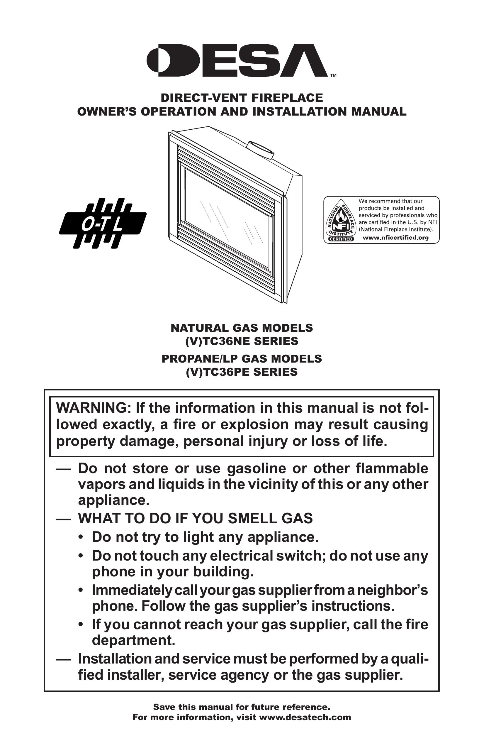 Desa (V)TC36NE Series, (V)TC36GPE Series Outdoor Fireplace User Manual