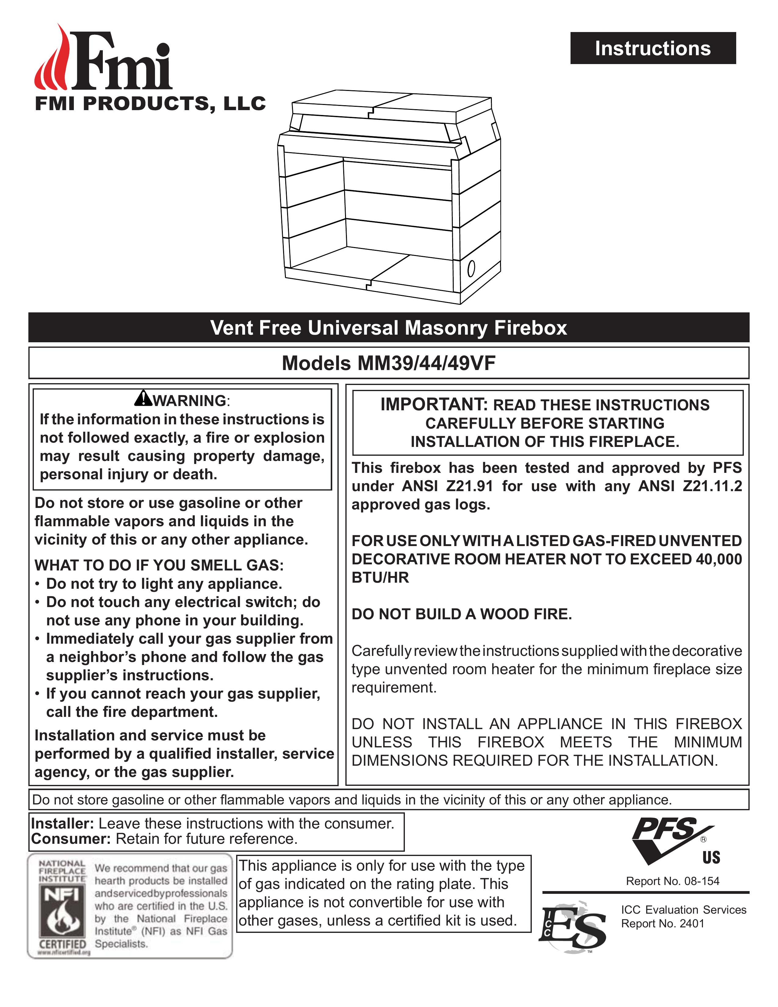 FMI MM39/44/49VF Outdoor Fireplace User Manual