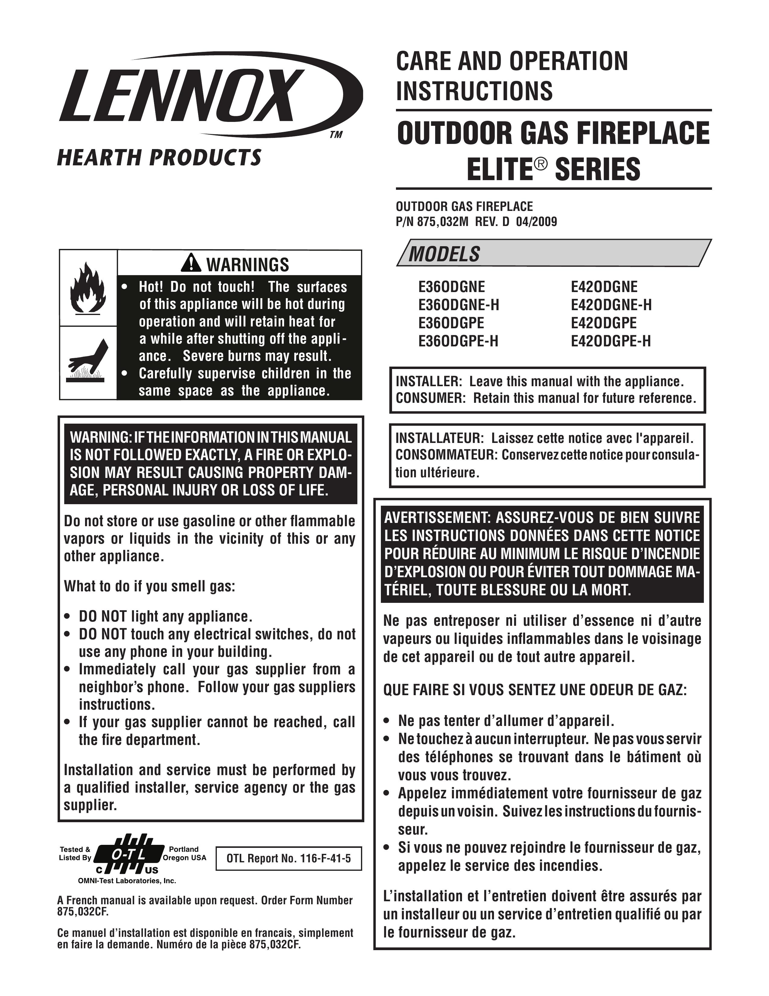 Lennox Hearth E36ODGPE-H Outdoor Fireplace User Manual