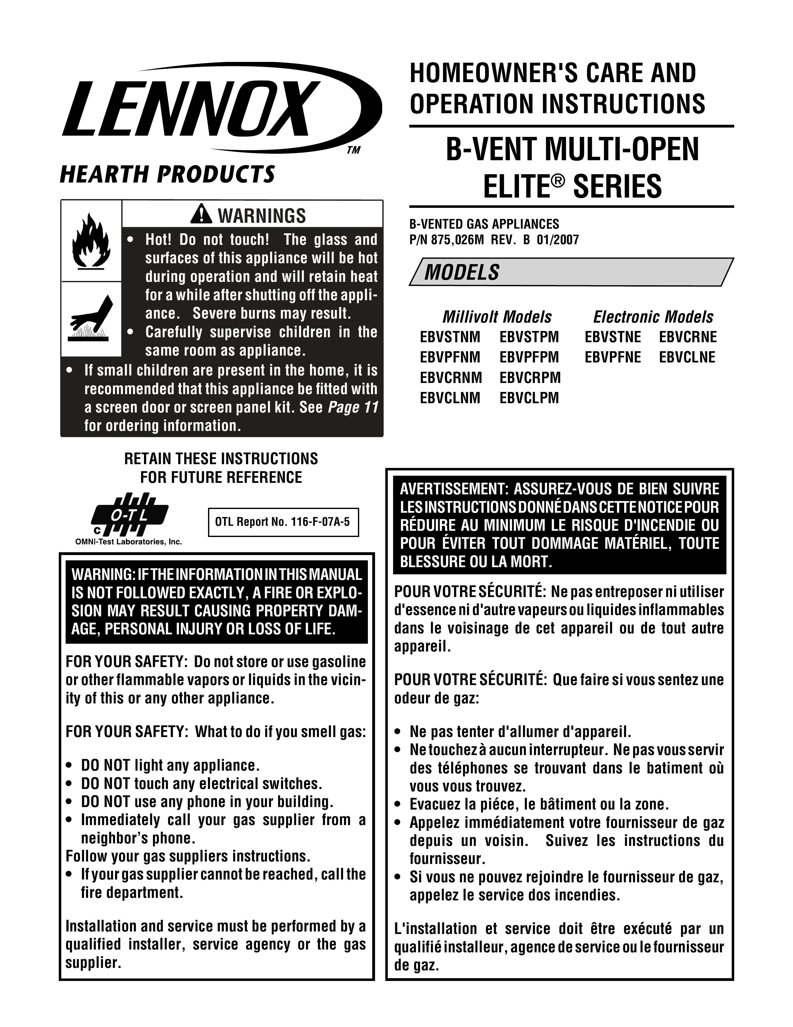 Lennox Hearth EBVSTNM Outdoor Fireplace User Manual