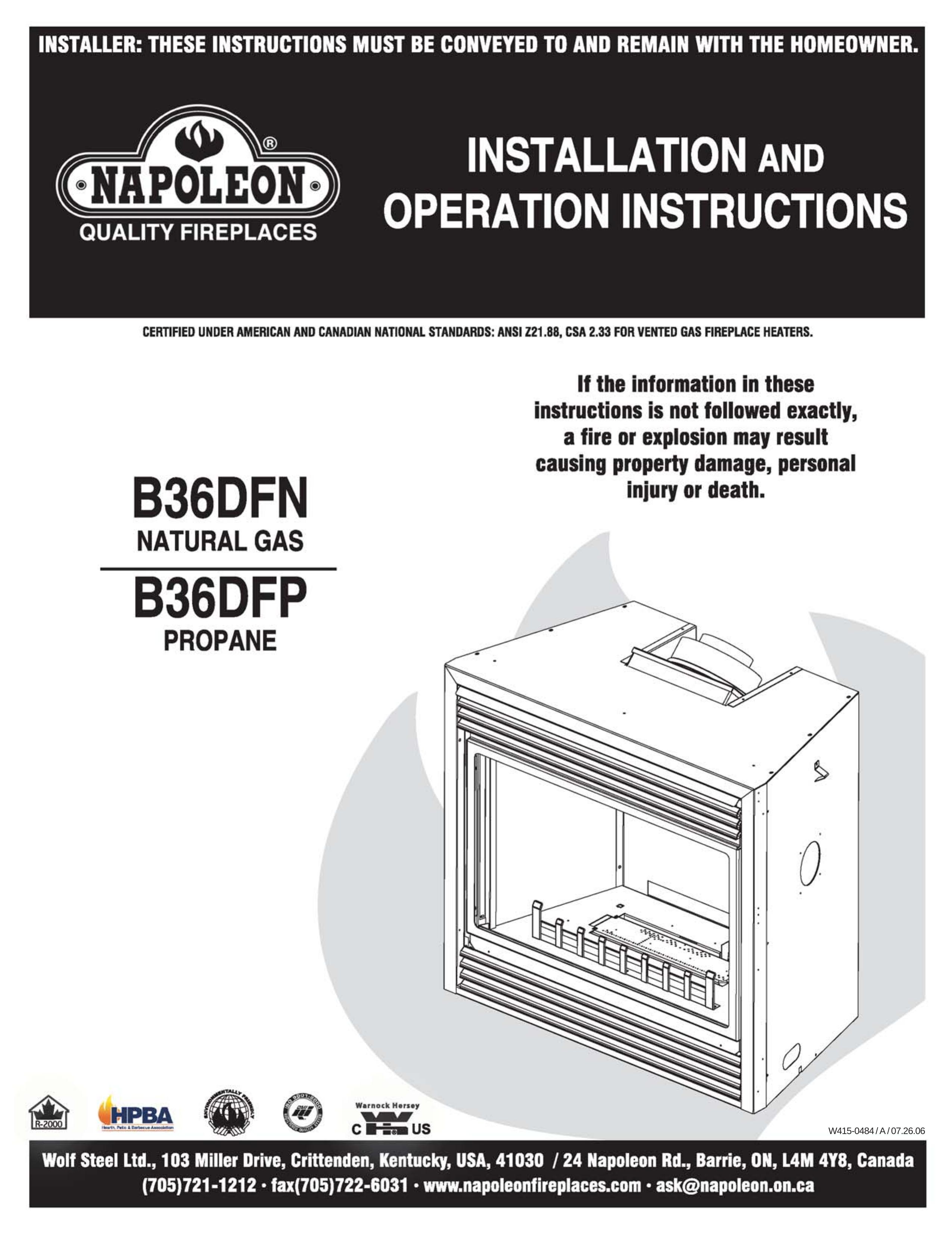 Napoleon Fireplaces B36DFP Outdoor Fireplace User Manual