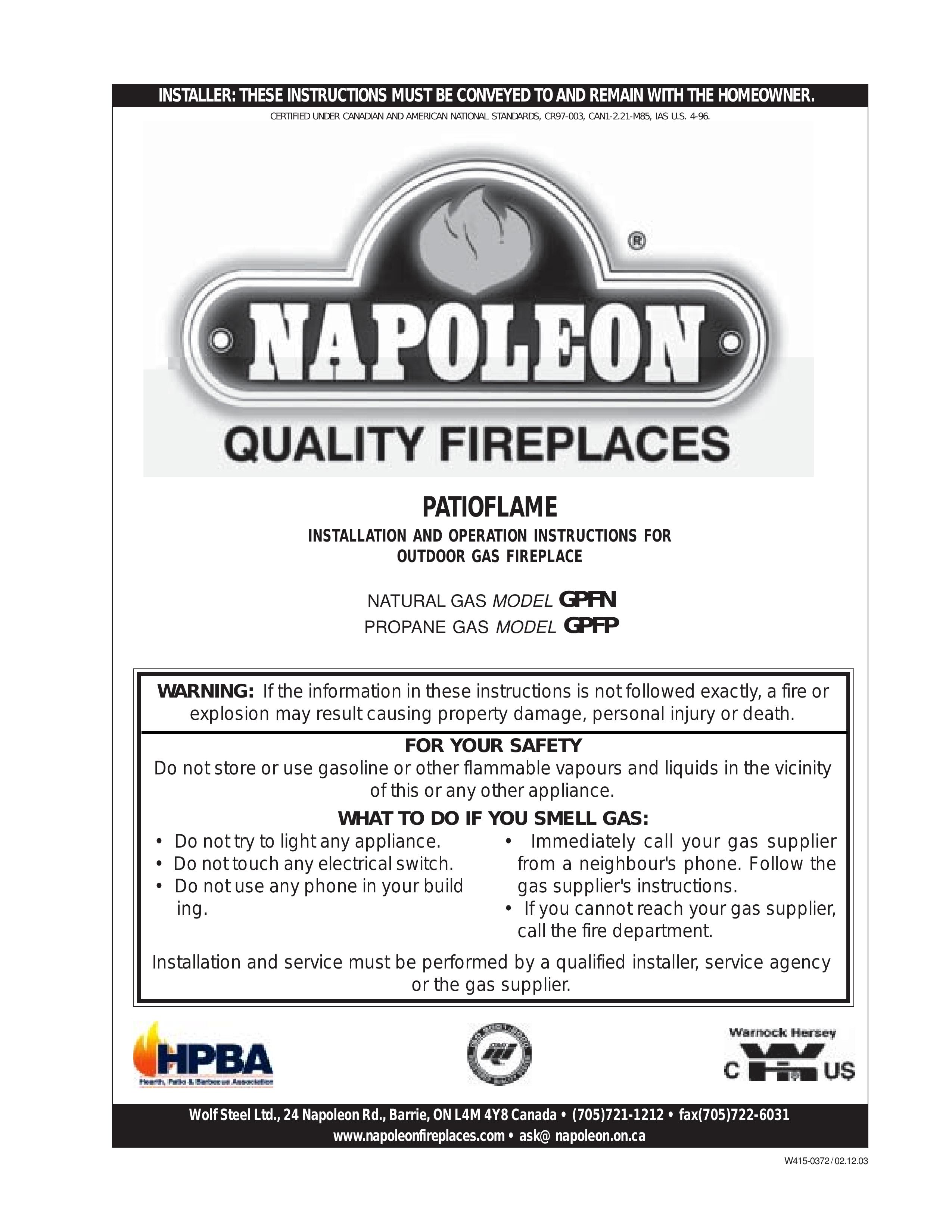 Napoleon Fireplaces GPFP Outdoor Fireplace User Manual