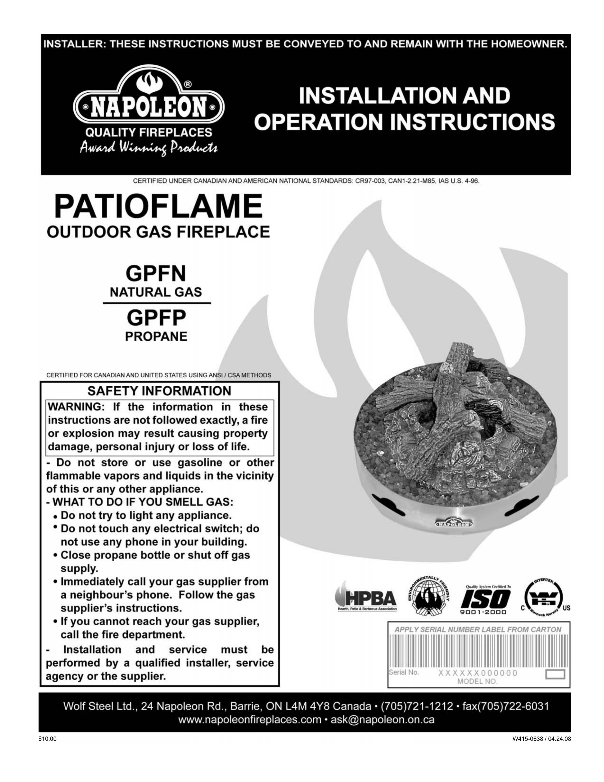 Napoleon Grills GPFP Outdoor Fireplace User Manual