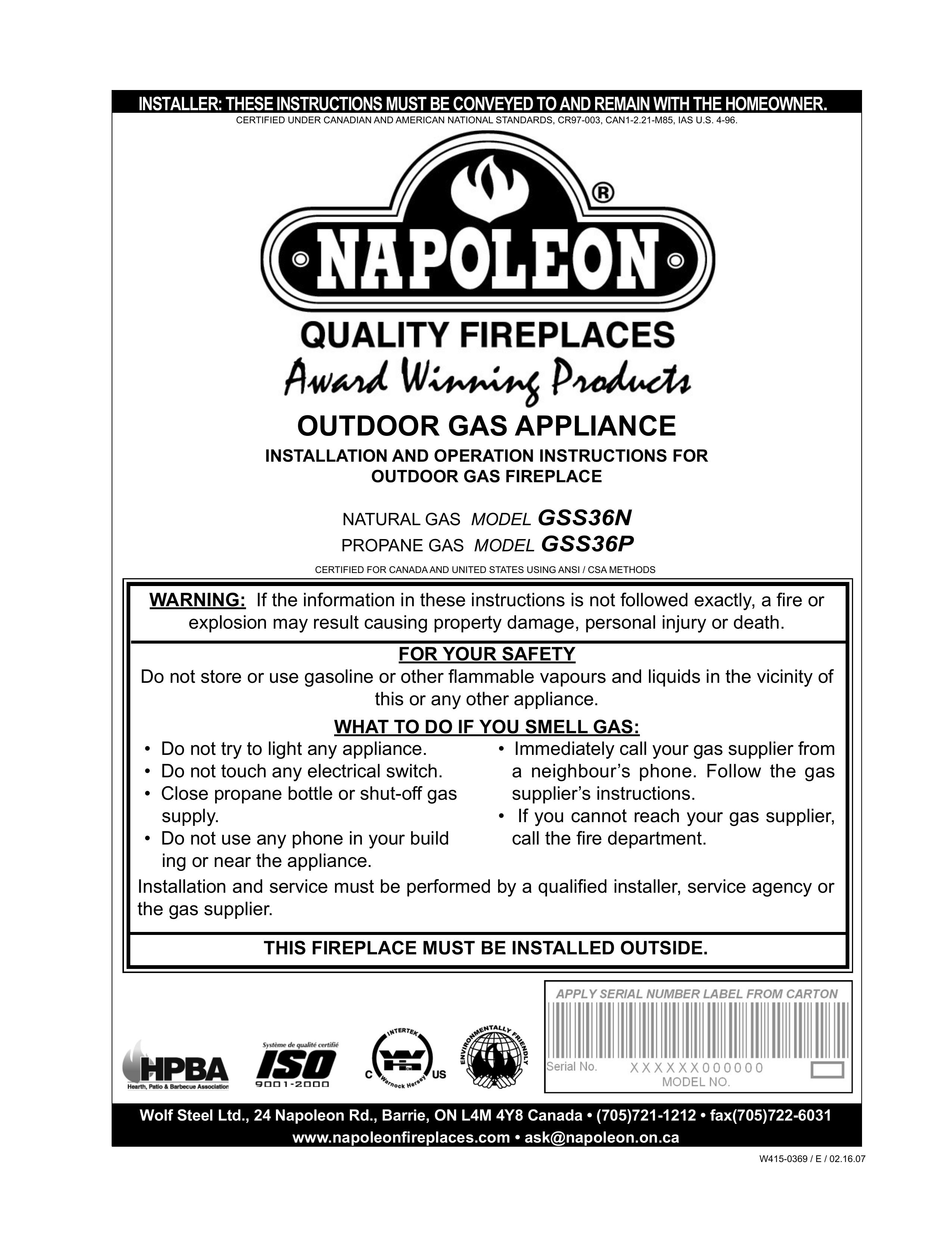 Napoleon Grills GSS36P Outdoor Fireplace User Manual