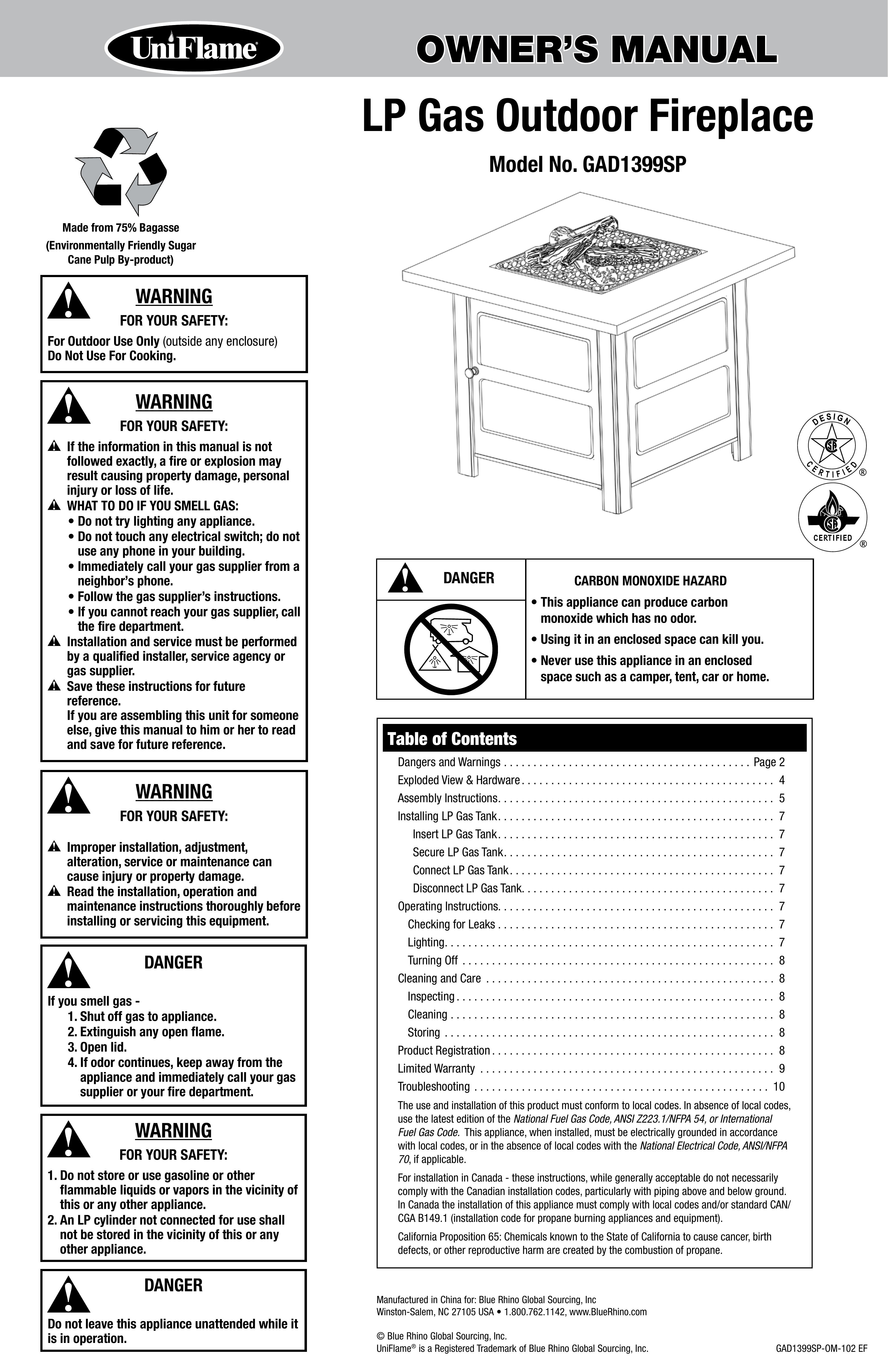 Uniflame GAD1399SP Outdoor Fireplace User Manual