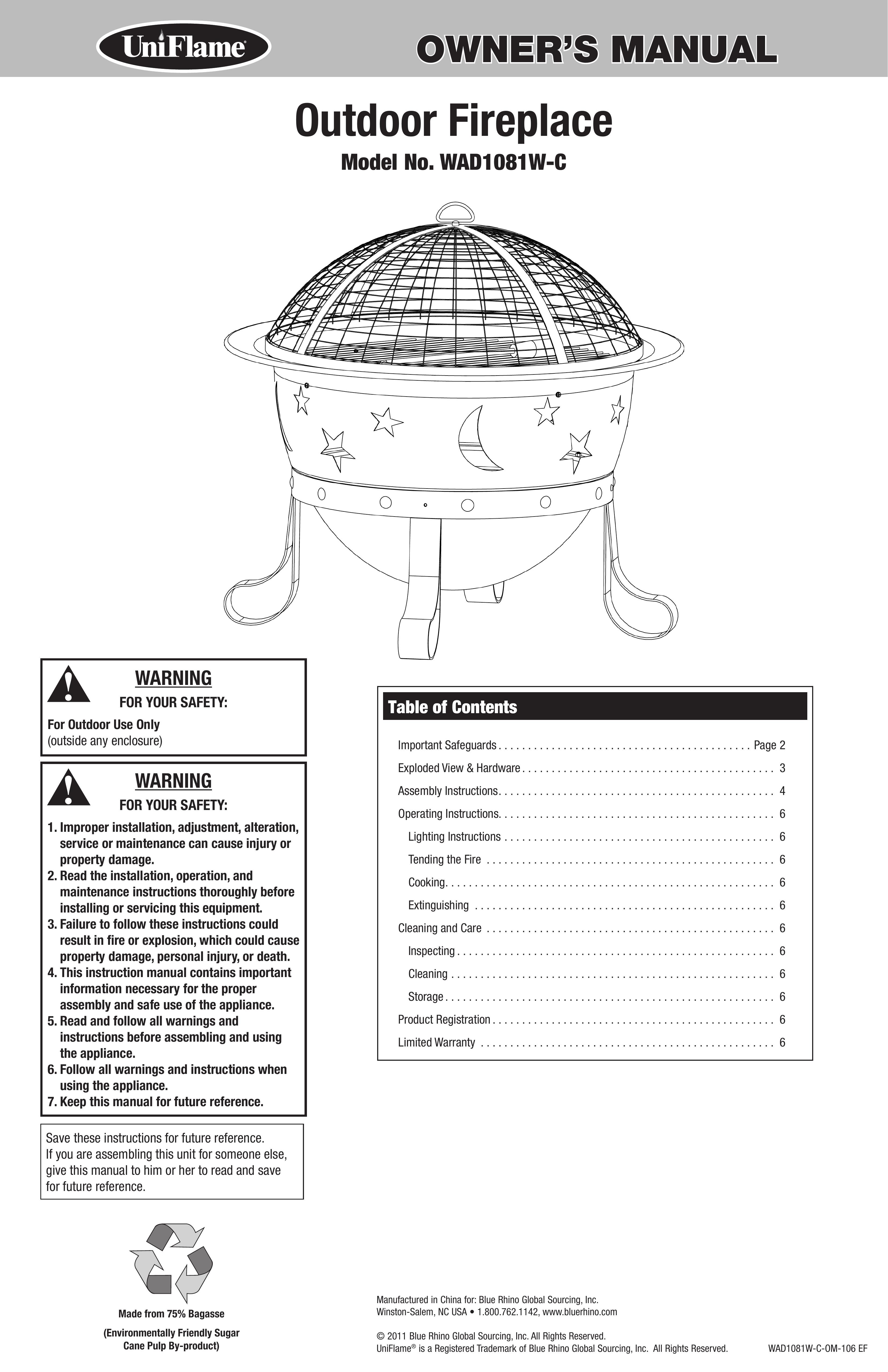 Uniflame WAD1081W-C Outdoor Fireplace User Manual