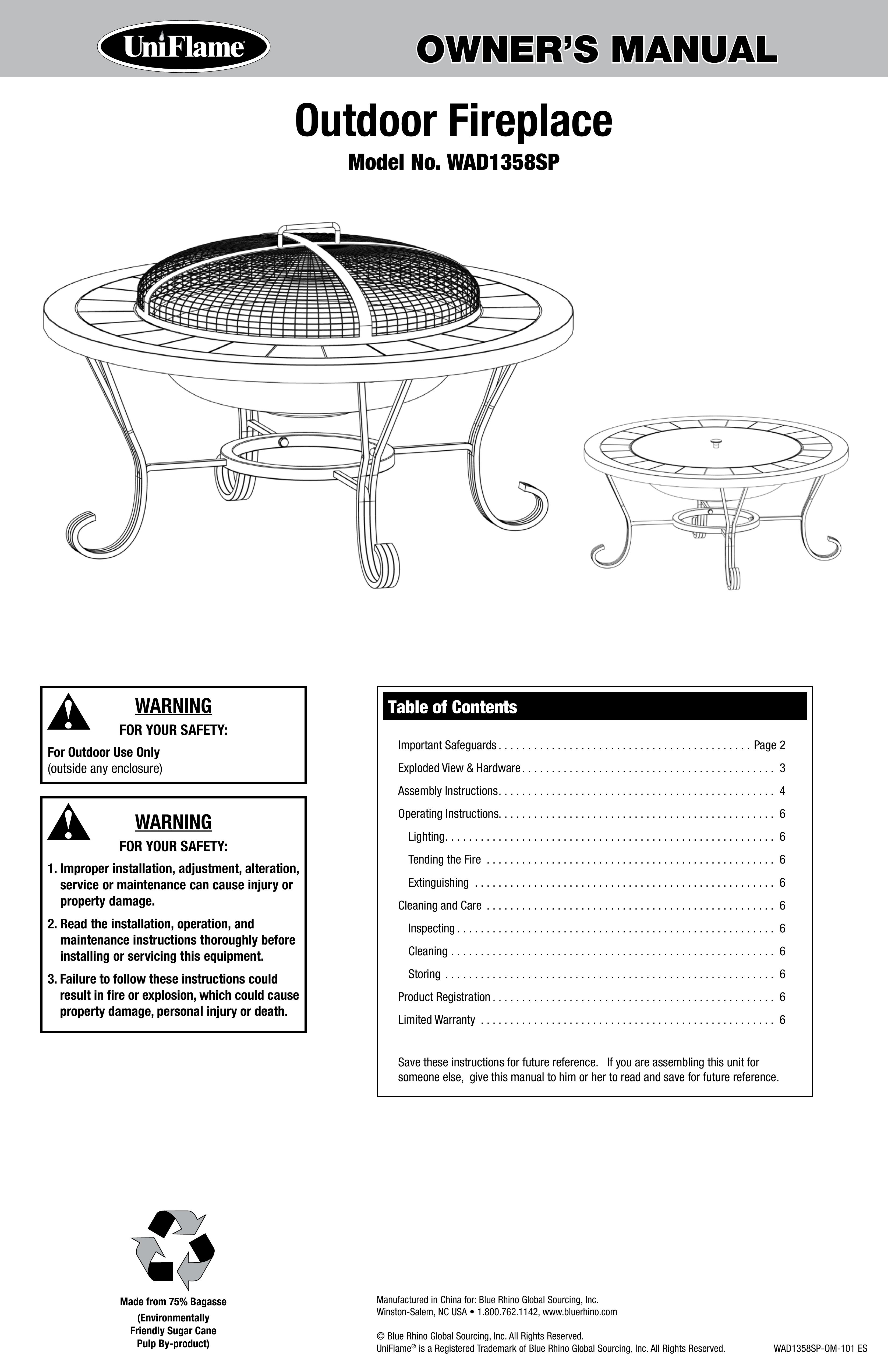 Uniflame WAD1358SP Outdoor Fireplace User Manual