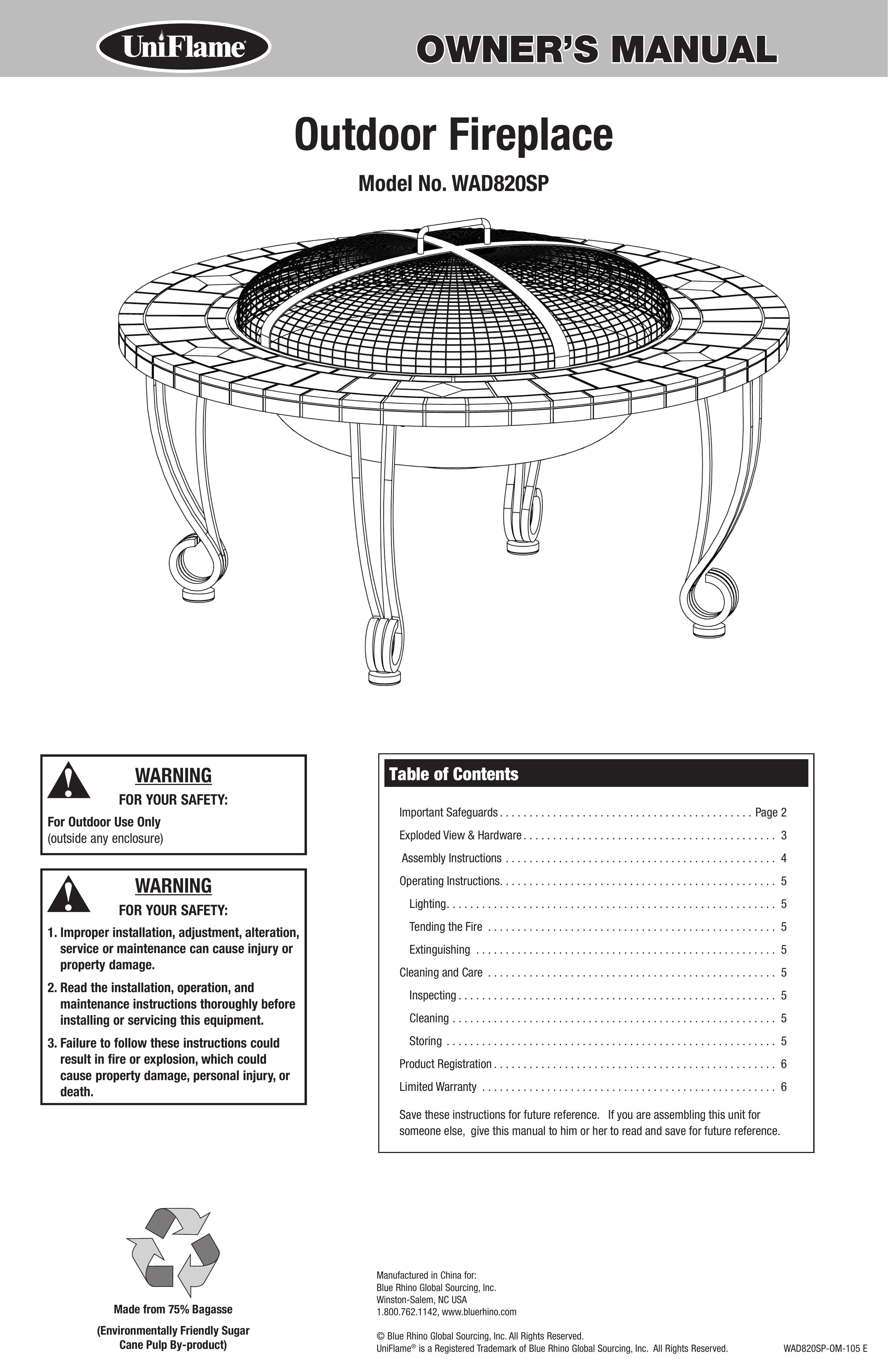 Uniflame WAD820SP Outdoor Fireplace User Manual