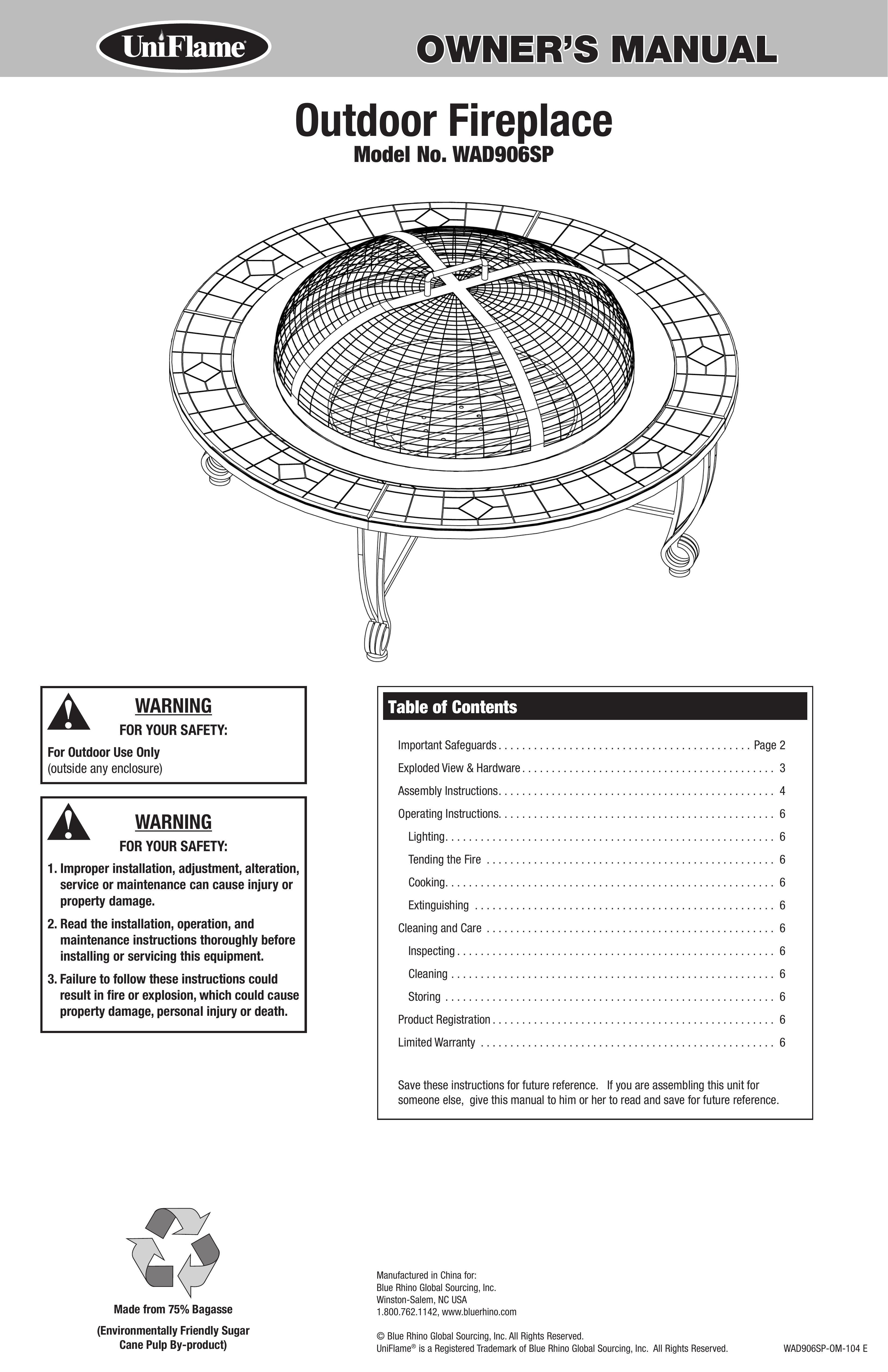 Uniflame WAD906SP Outdoor Fireplace User Manual