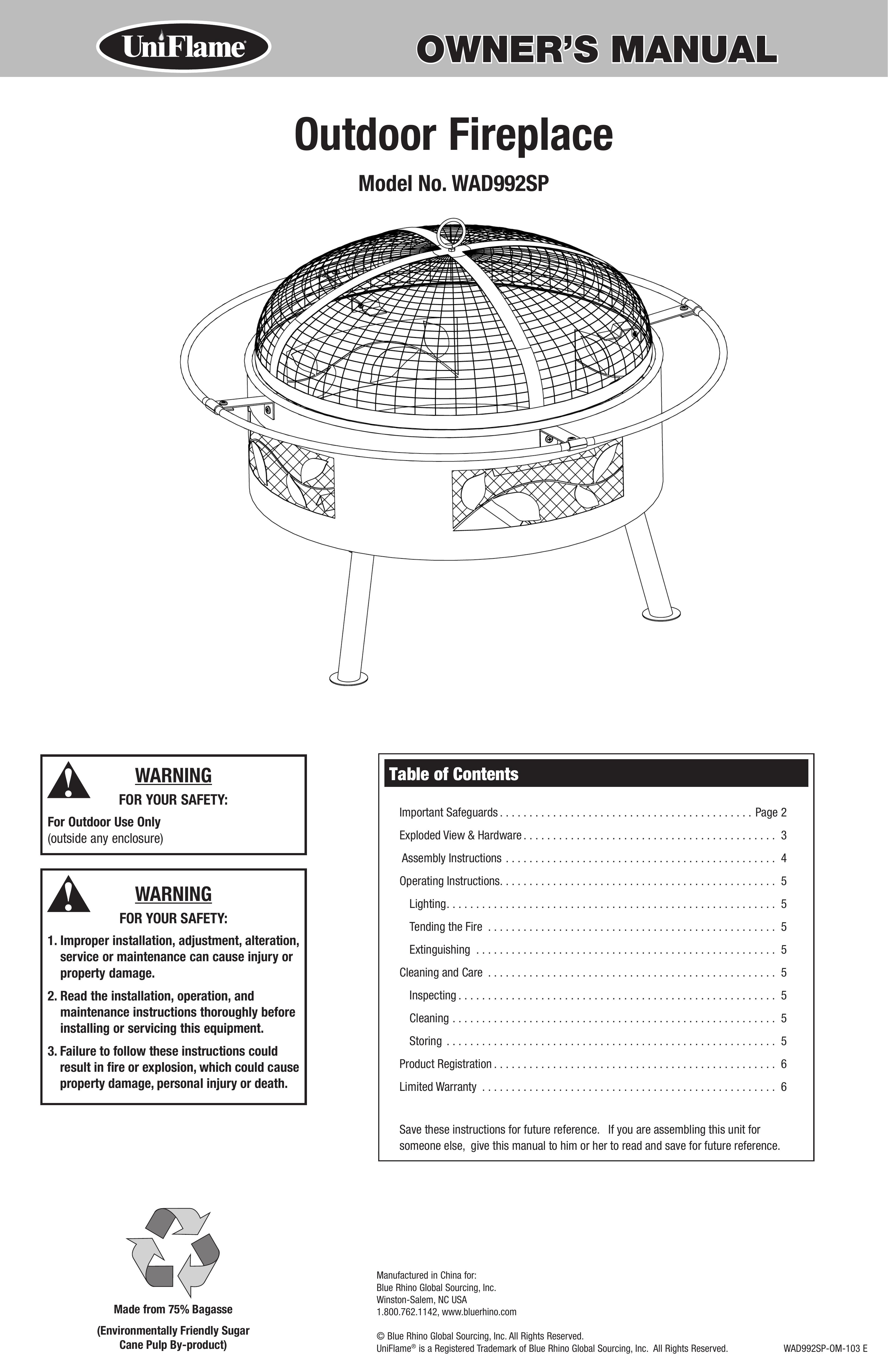 Uniflame WAD992SP Outdoor Fireplace User Manual