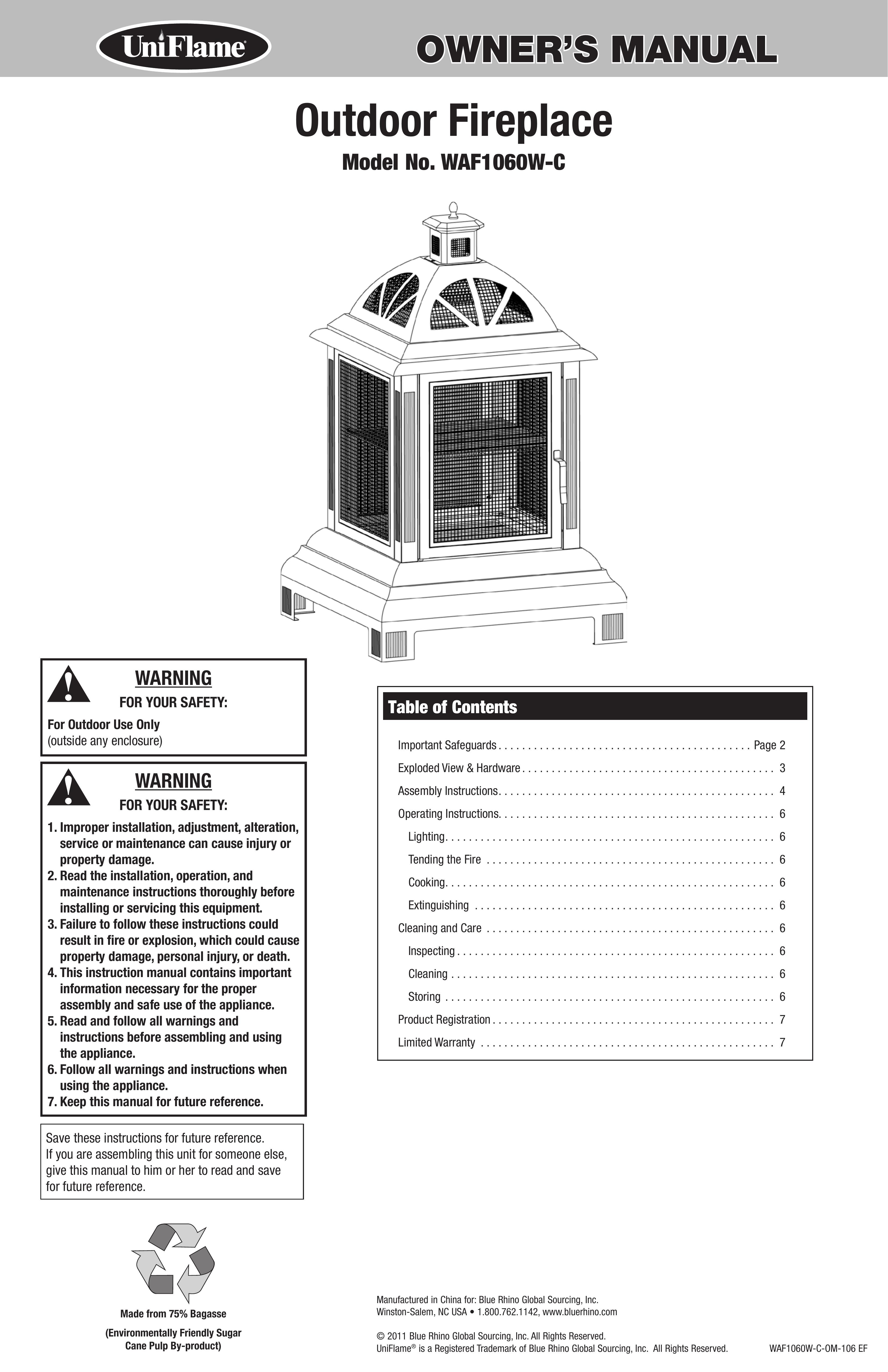 Uniflame WAF1060W-C Outdoor Fireplace User Manual
