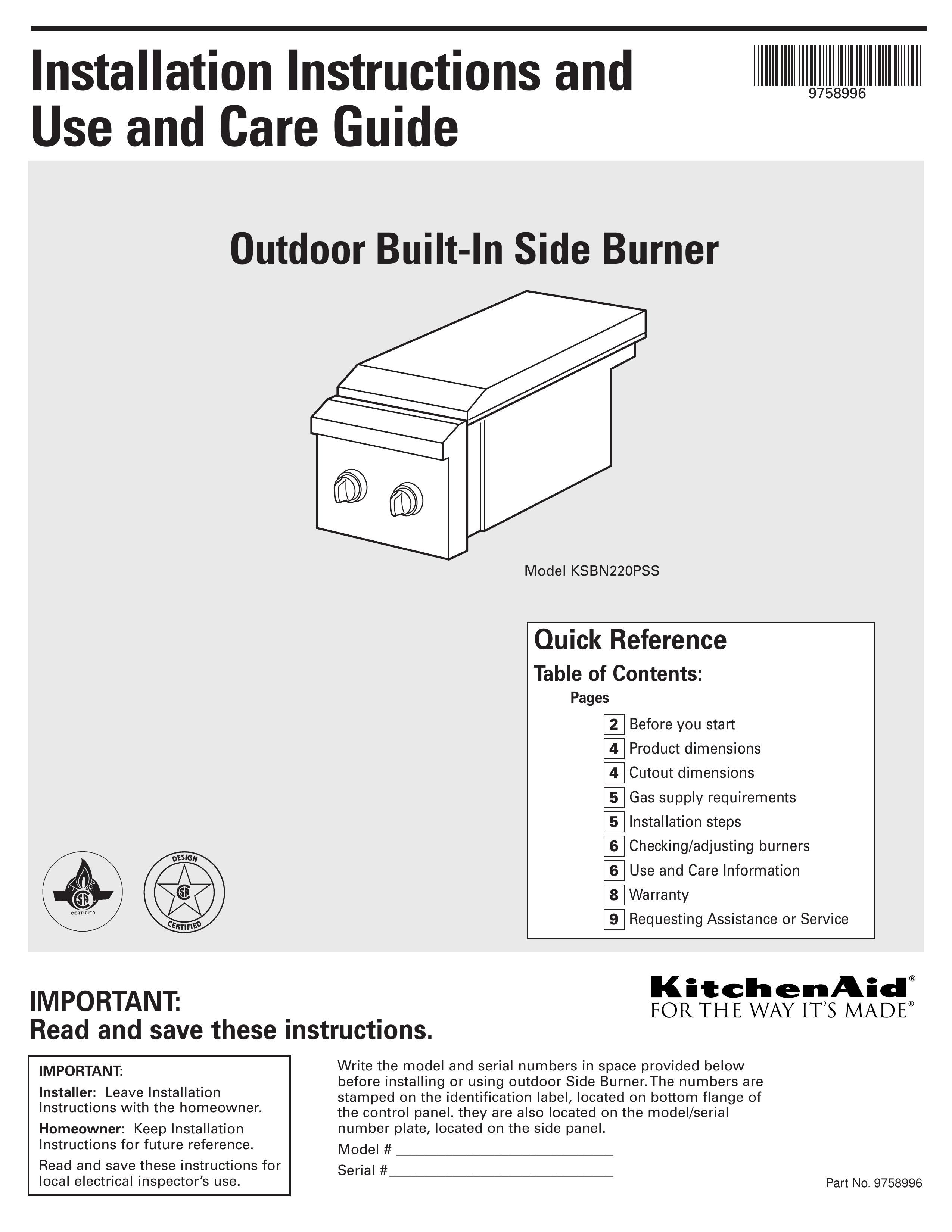 KitchenAid KSBN220PSS Outdoor Gas Burner User Manual