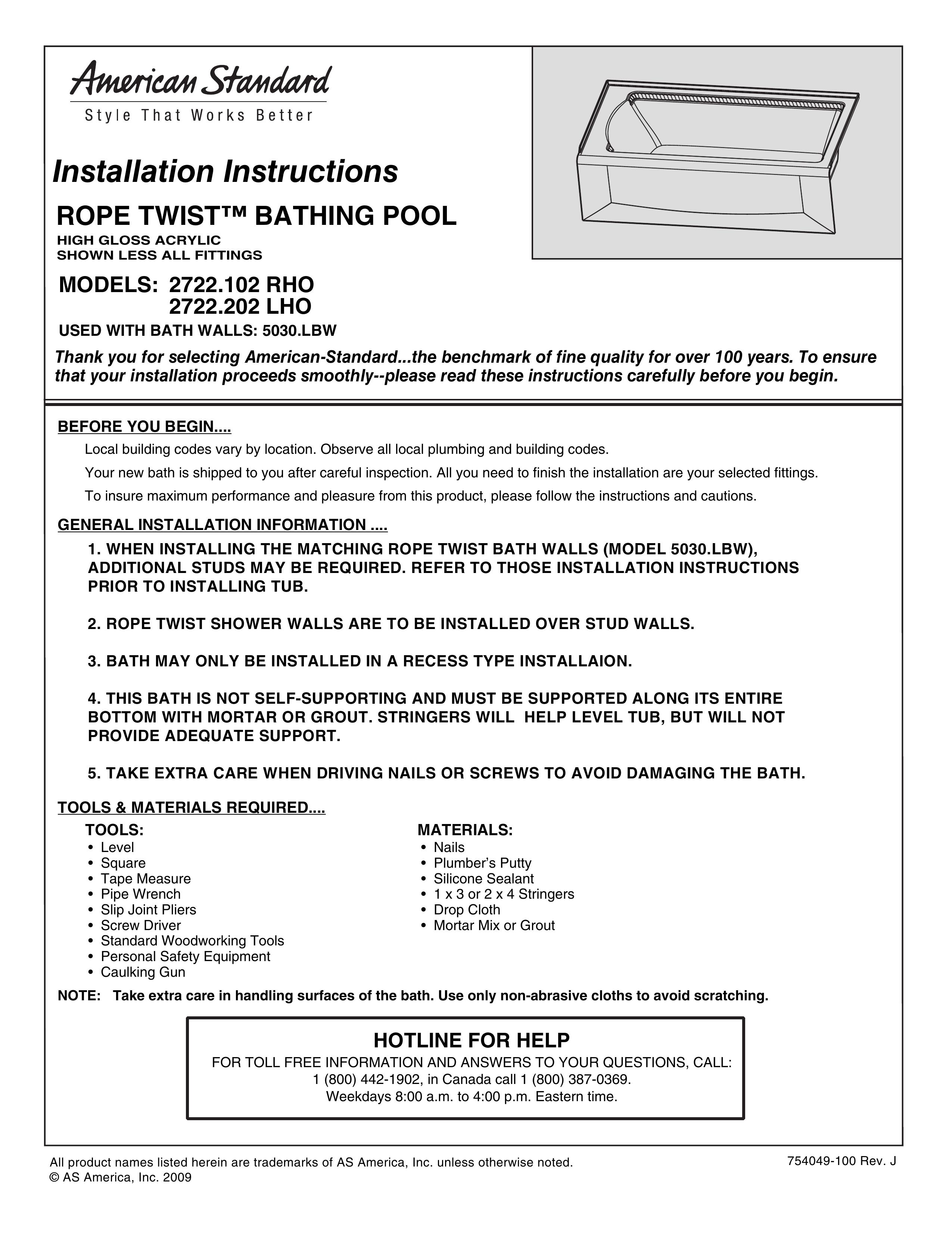 American Standard 2722.202 LHO Bathroom Aids User Manual