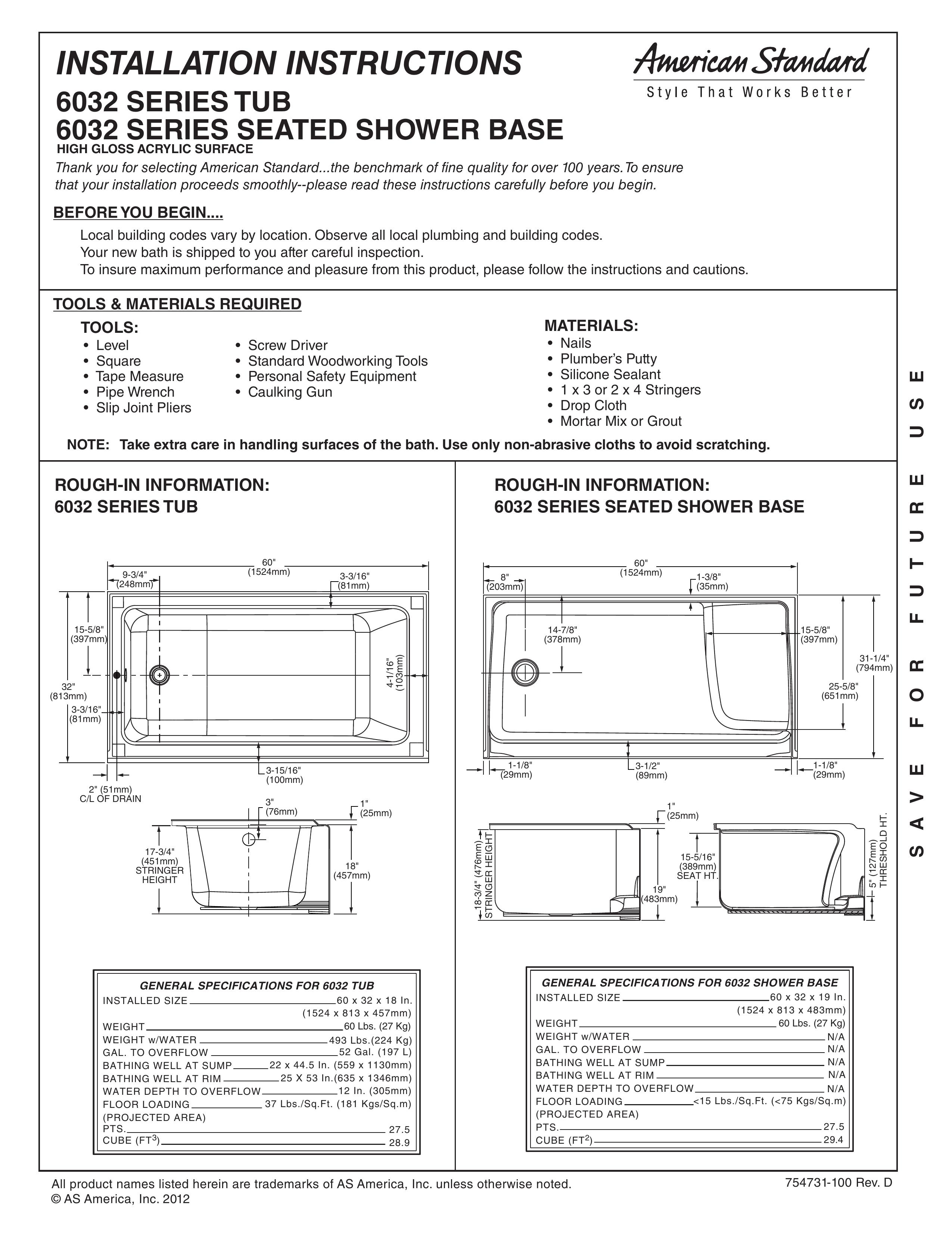 American Standard 6032 Series Seated Shower Base Bathroom Aids User Manual