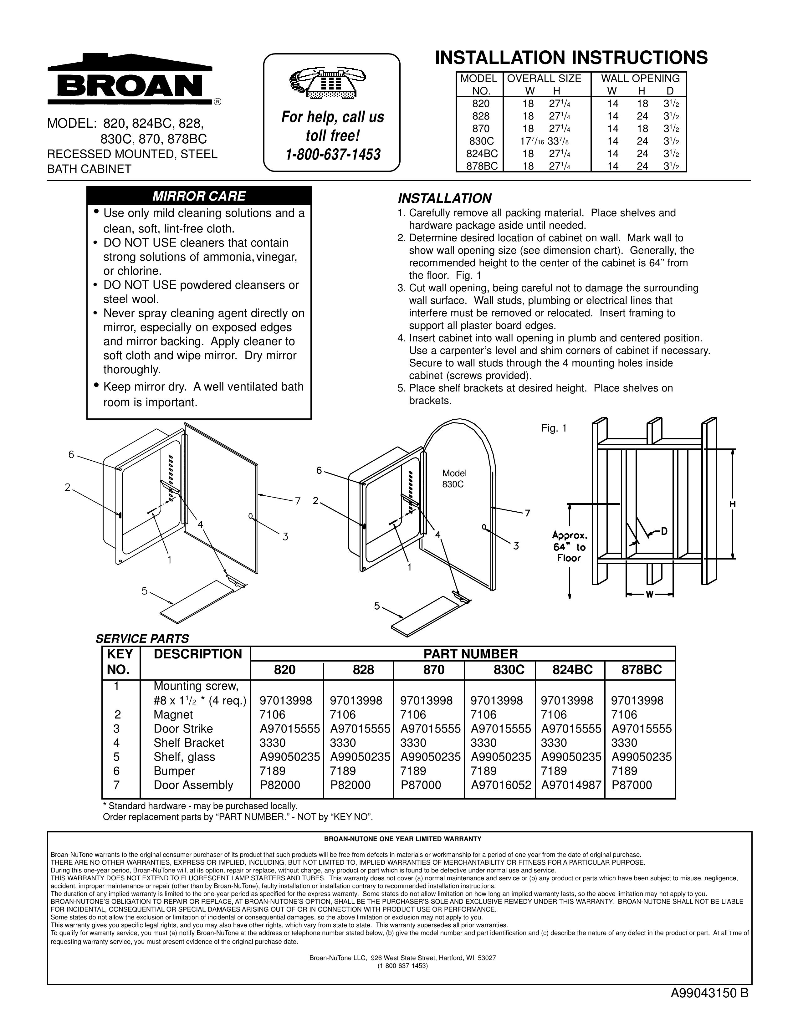 Broan 878bc Bathroom Aids User Manual