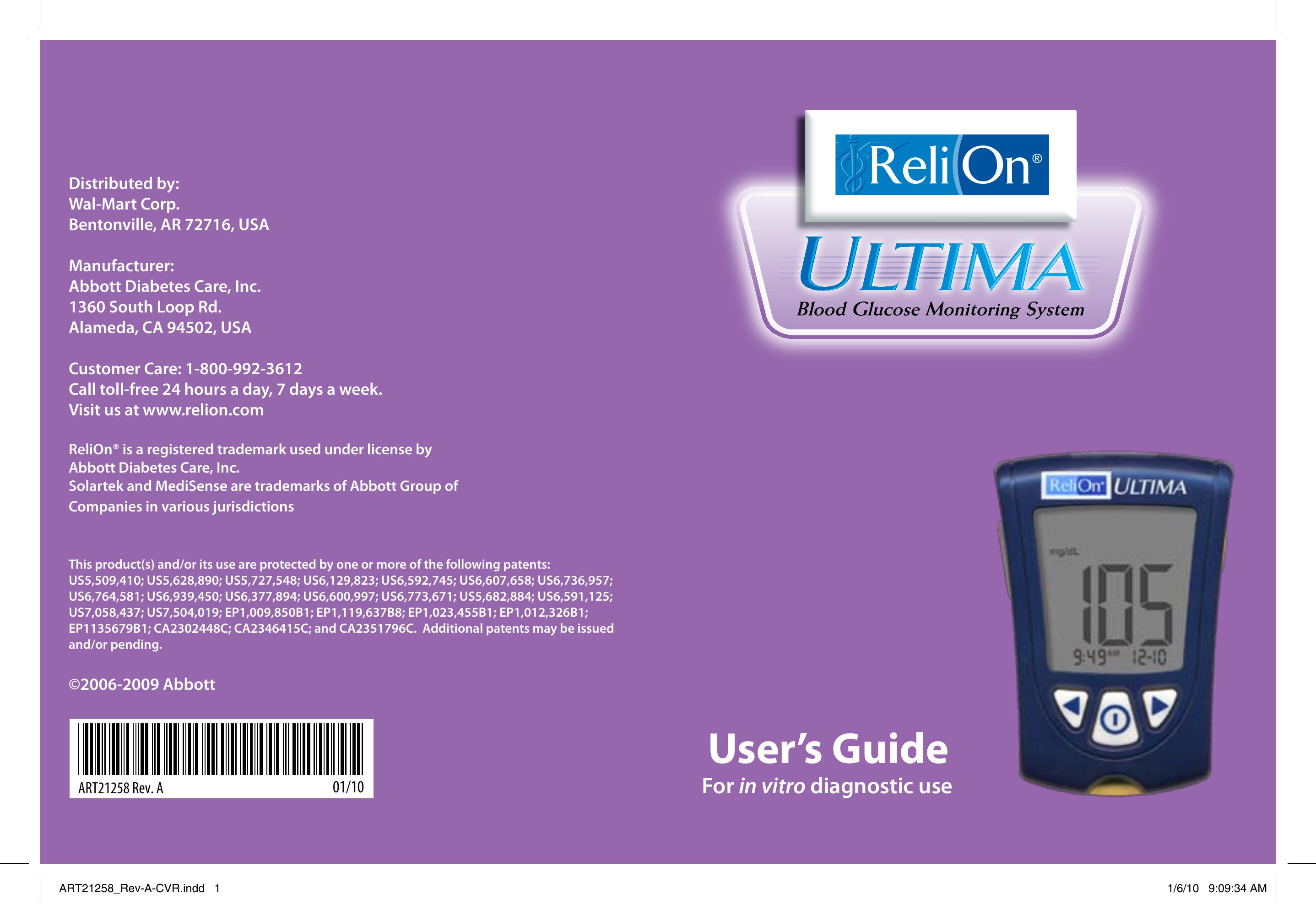 Abbott Diabetes Care ART21258 Blood Glucose Meter User Manual