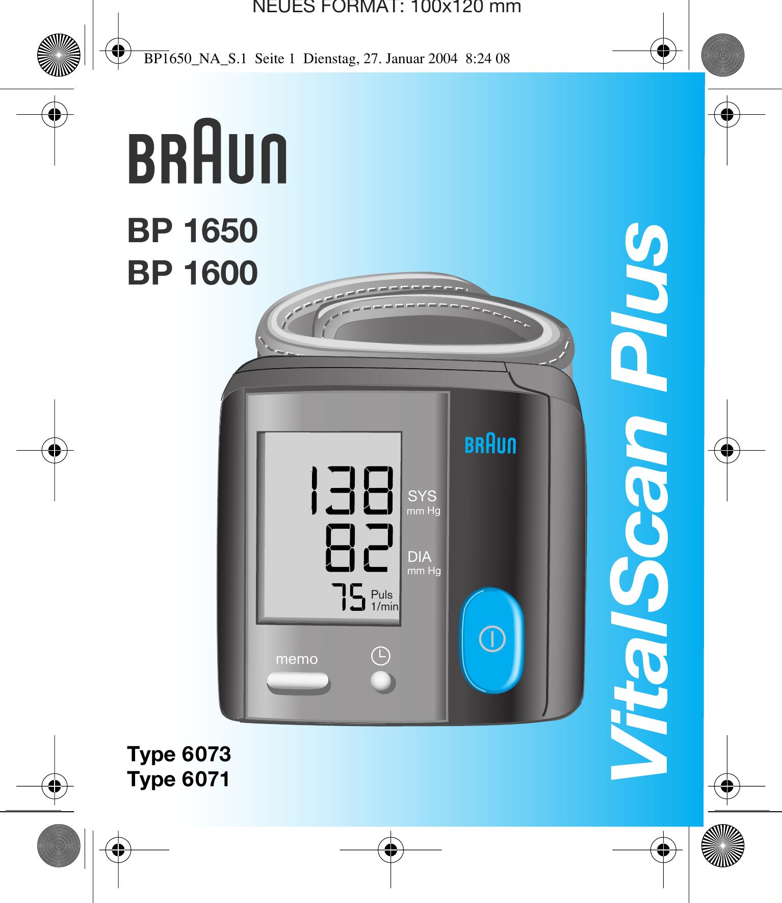 Braun BP 1650 Blood Pressure Monitor User Manual