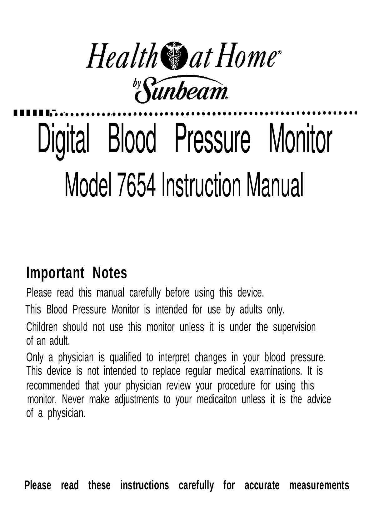 Health O Meter 7654 Blood Pressure Monitor User Manual