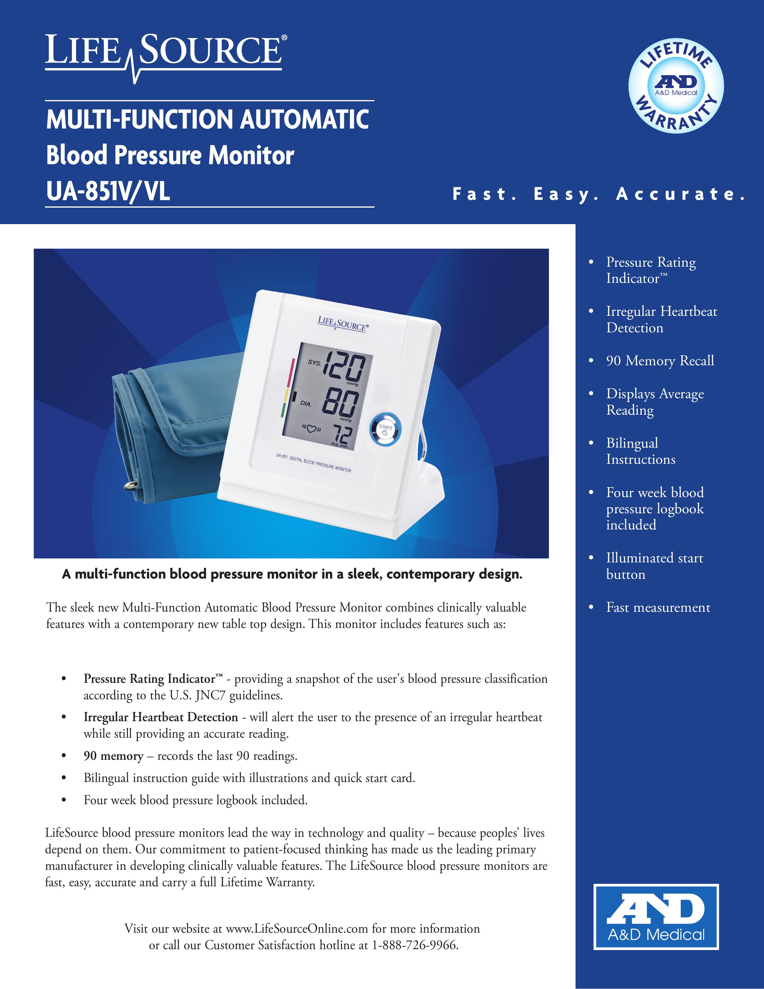 LifeSource UA-851/V/VL Blood Pressure Monitor User Manual