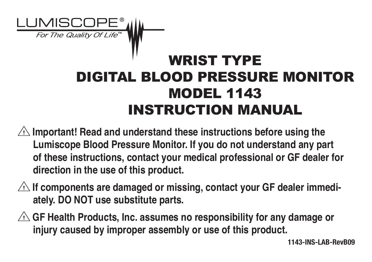 Lumiscope 1143 Blood Pressure Monitor User Manual