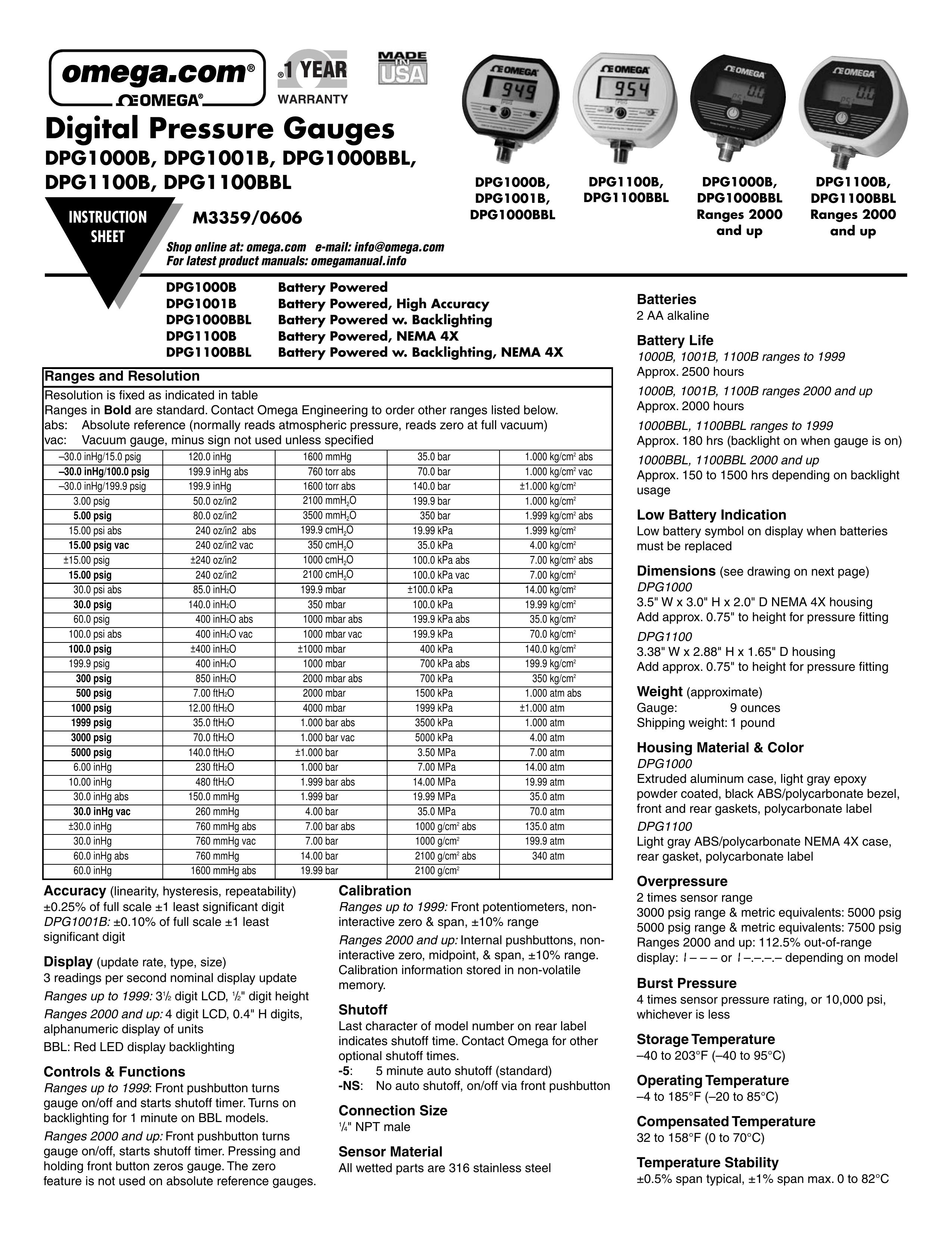 Omega Engineering DPG1100B Blood Pressure Monitor User Manual
