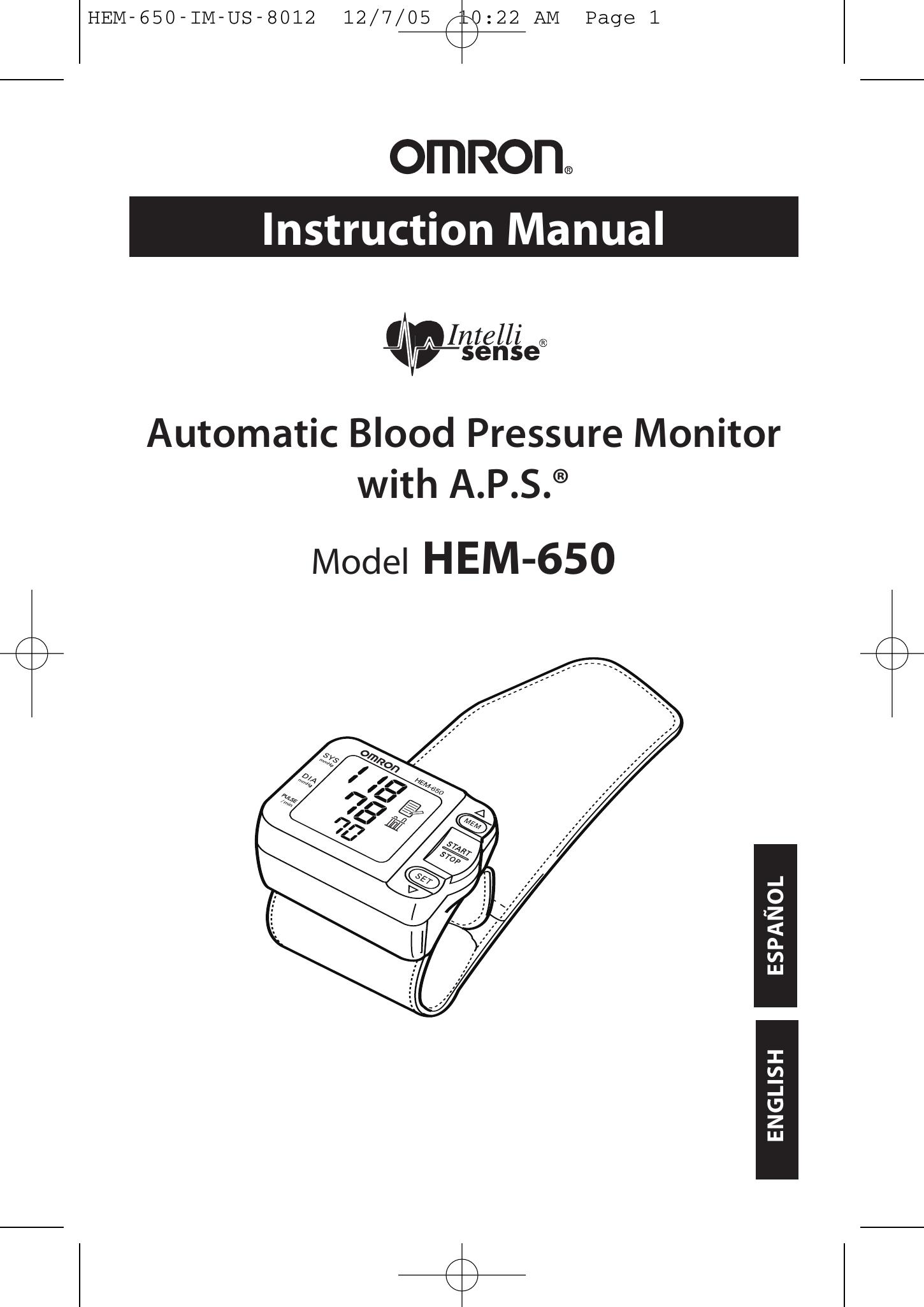 Omron Healthcare HEM-650 Blood Pressure Monitor User Manual