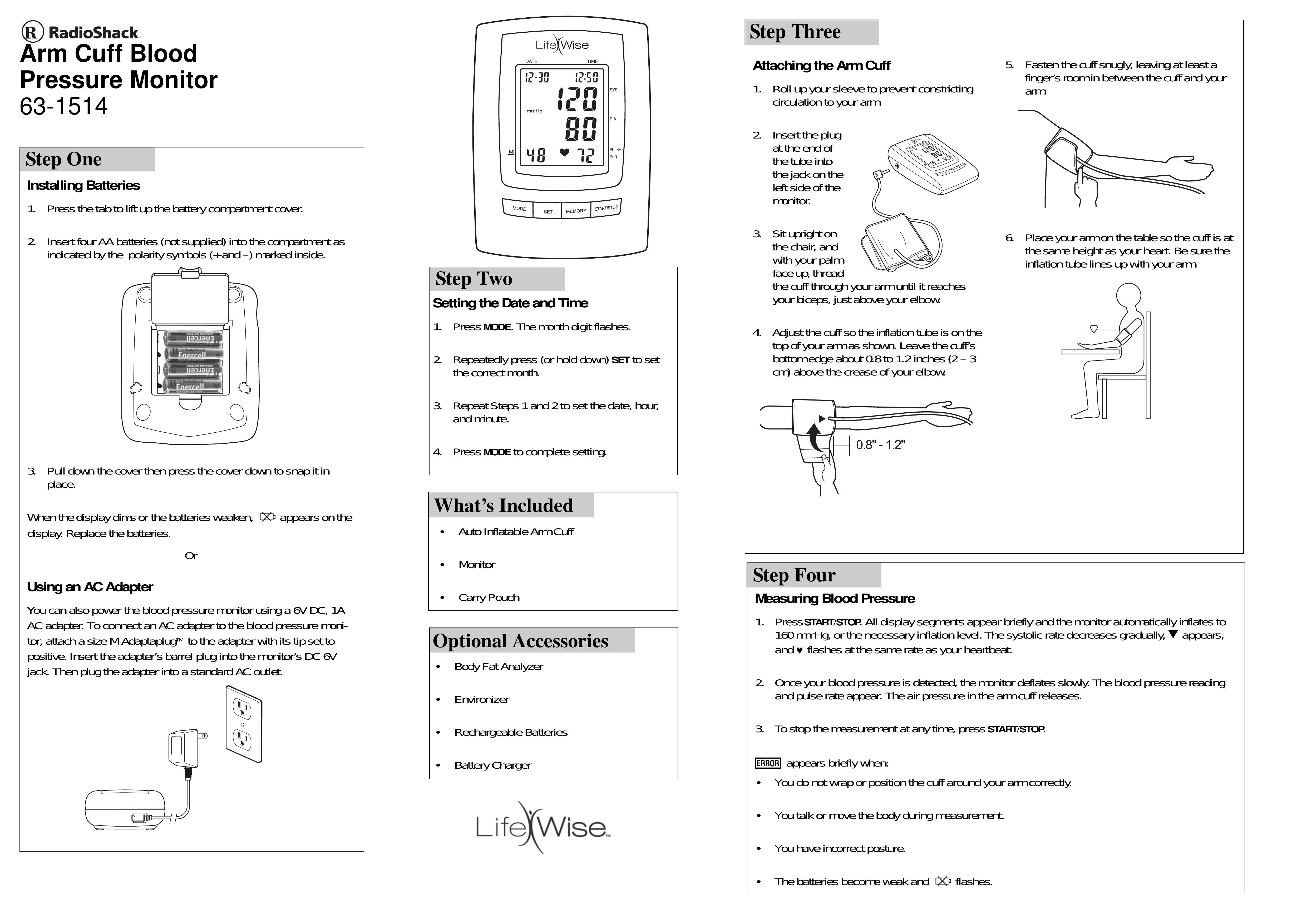 Radio Shack 63-1514 Blood Pressure Monitor User Manual