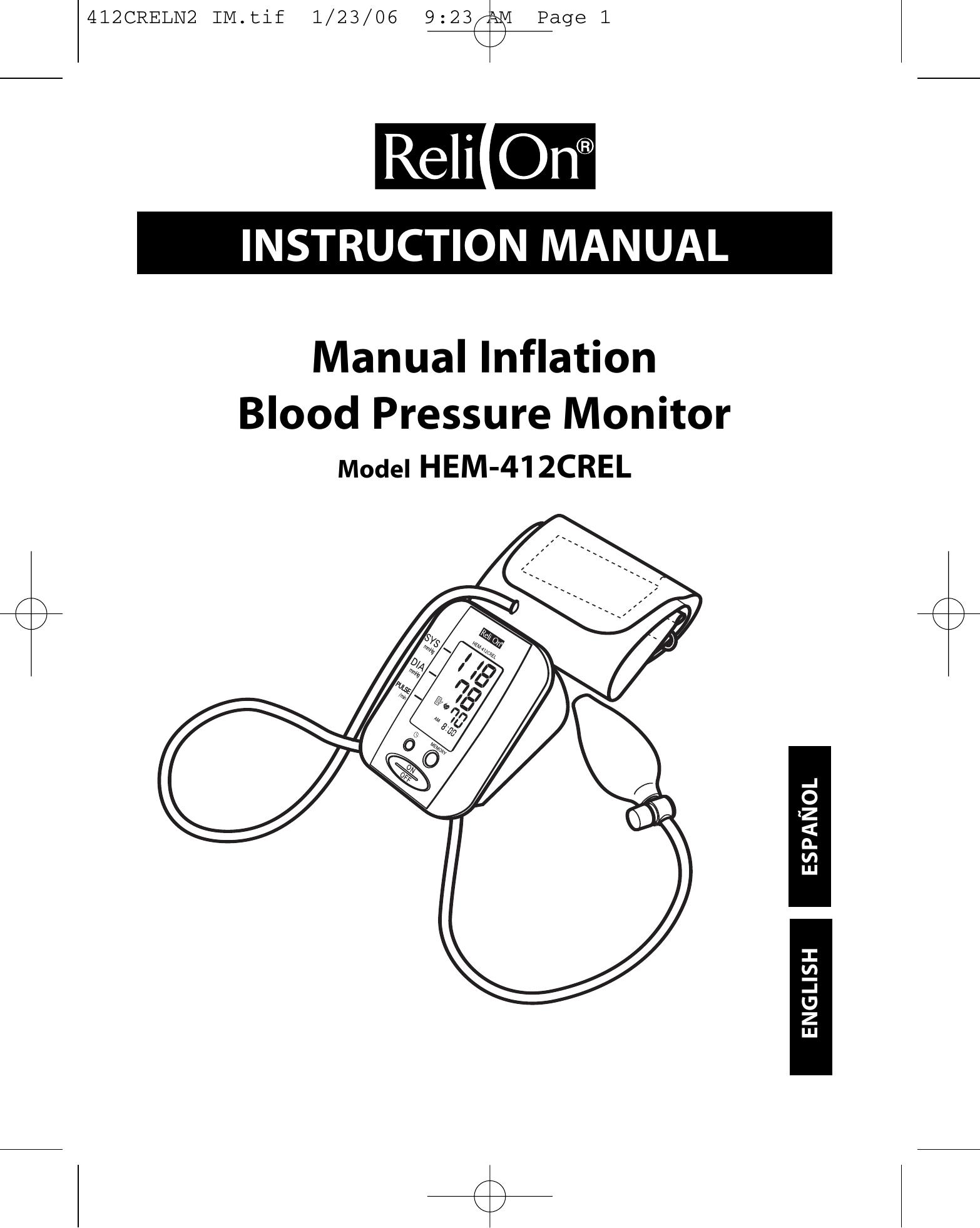ReliOn HEM-412CREL Blood Pressure Monitor User Manual