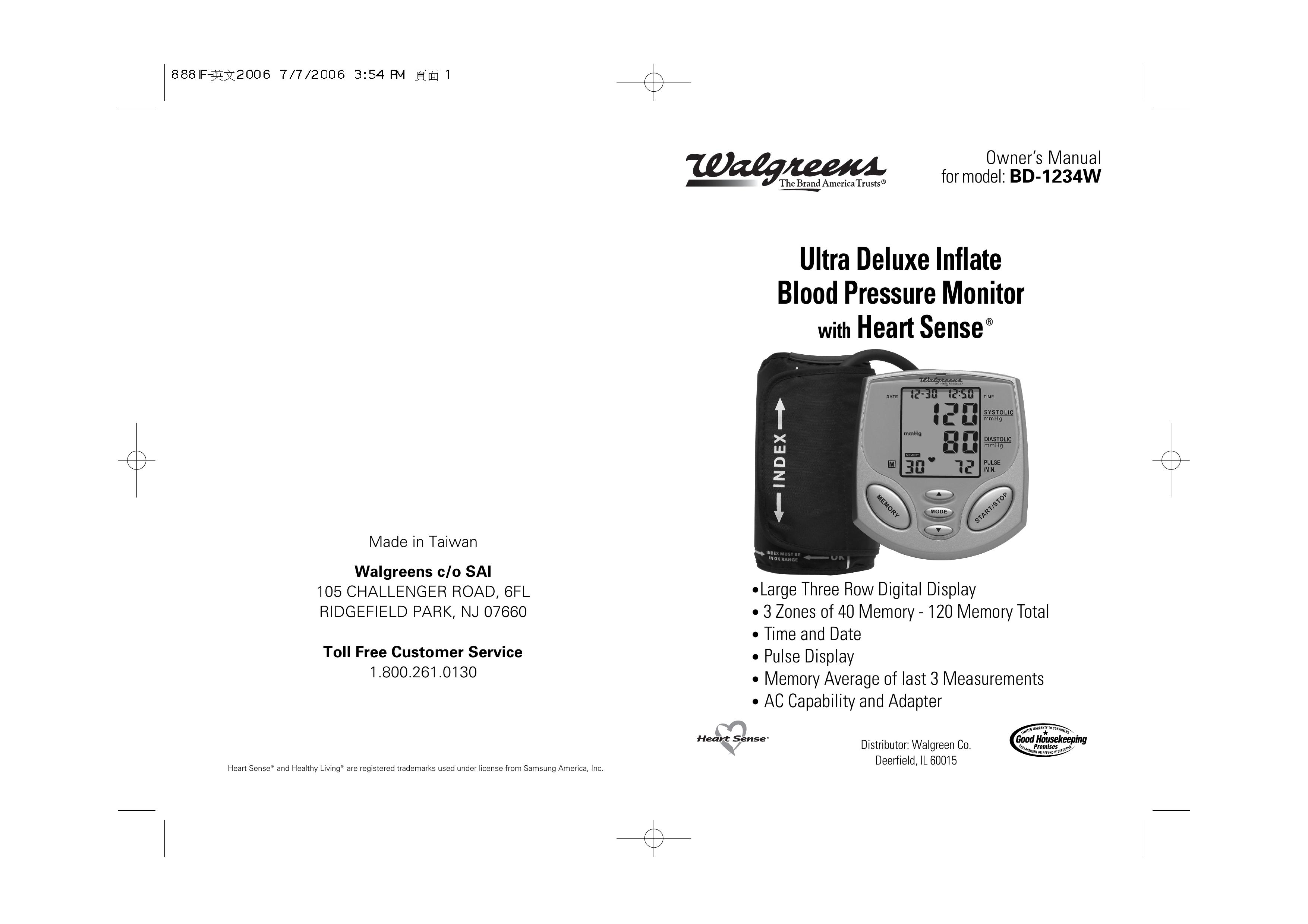 Walgreens BD-1234W Blood Pressure Monitor User Manual