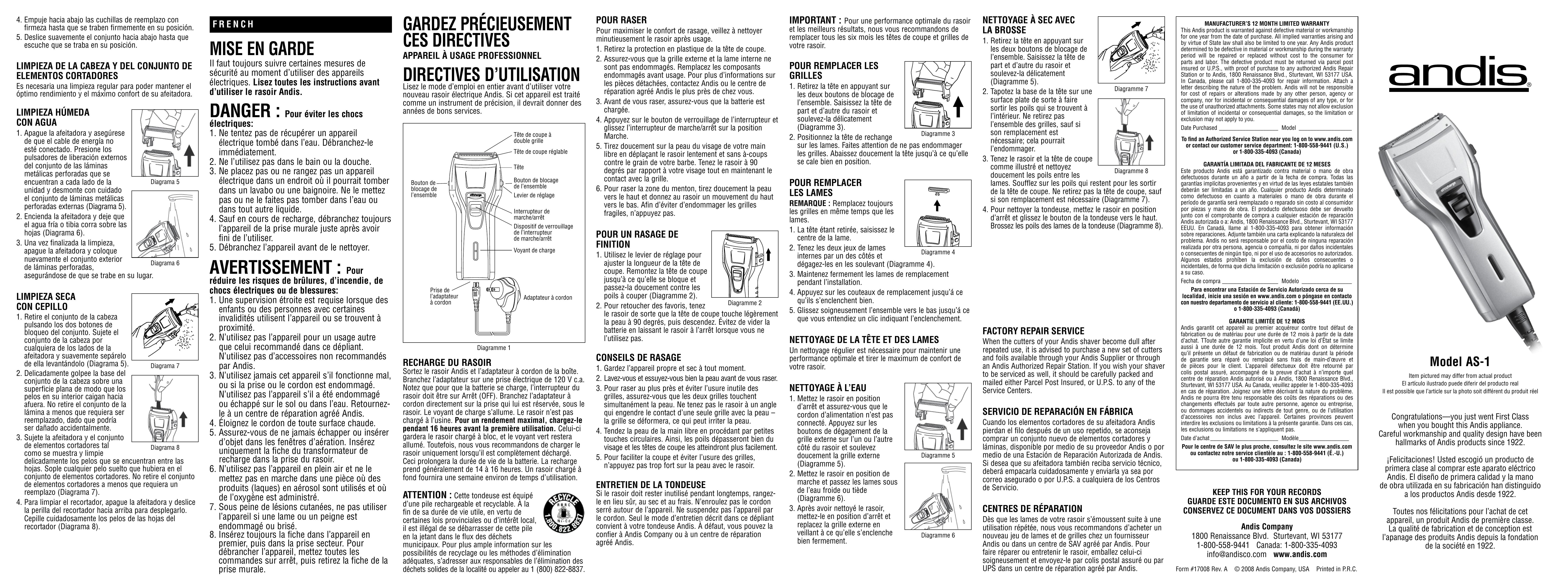 Andis Company AS-1 Electric Shaver User Manual