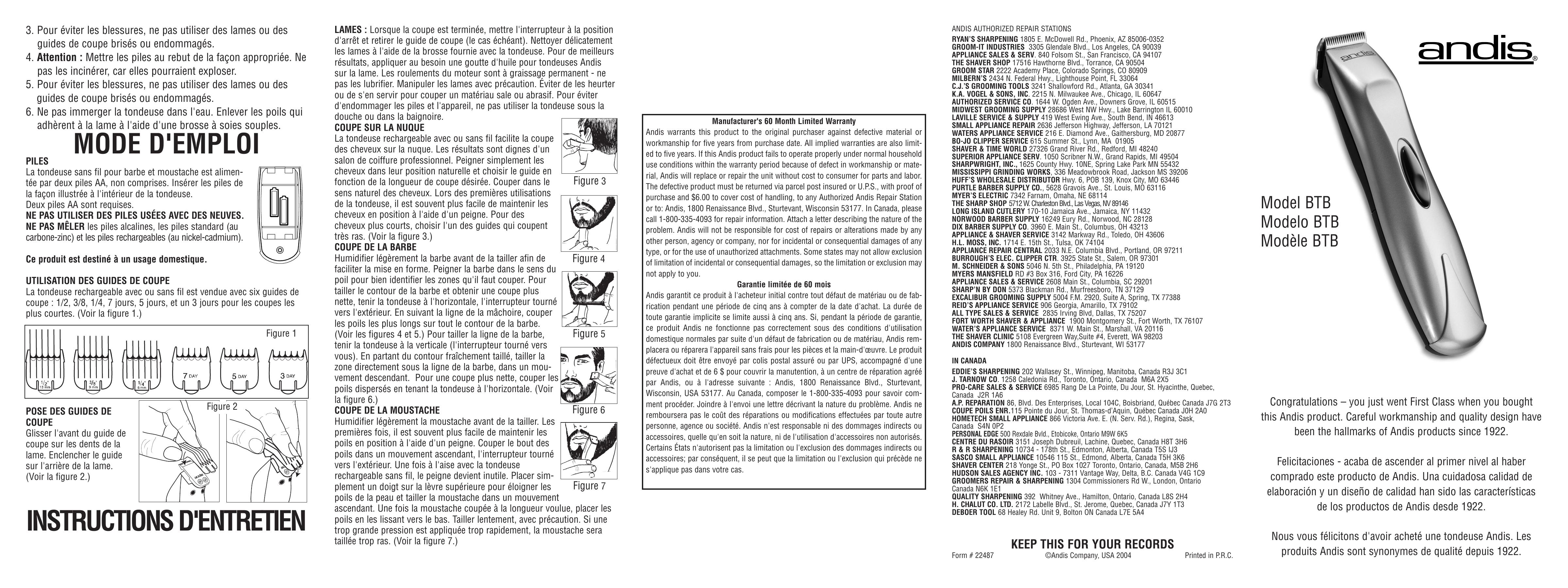 Andis Company BTB Electric Shaver User Manual