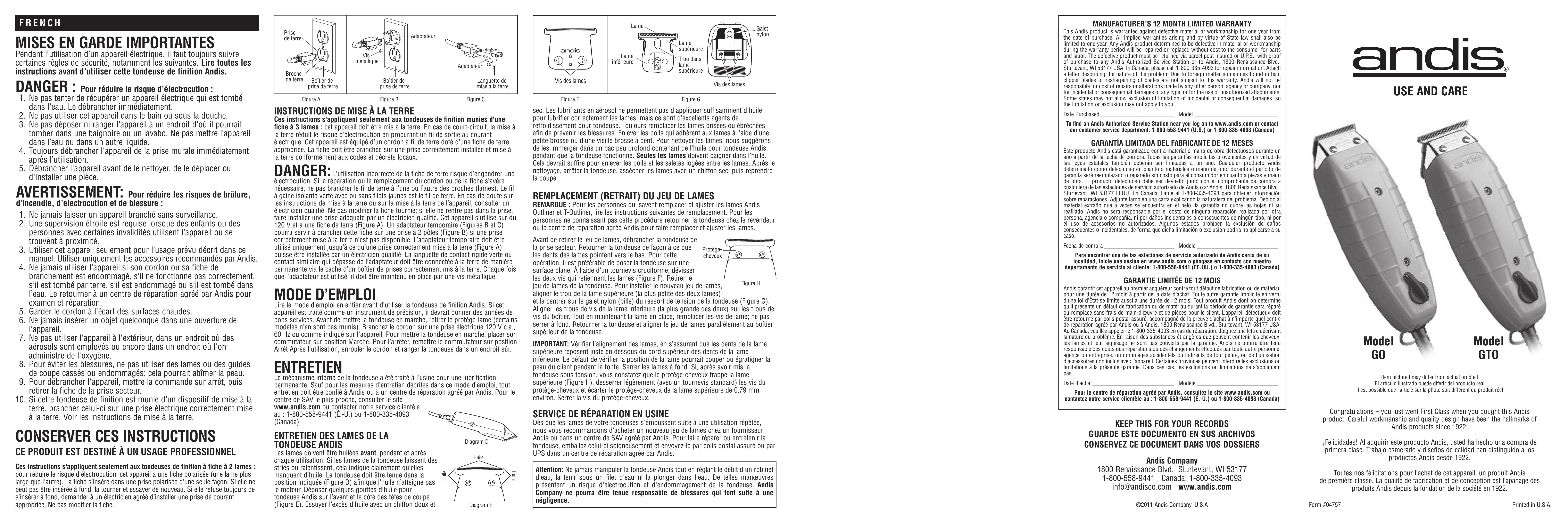 Andis Company GTO Electric Shaver User Manual