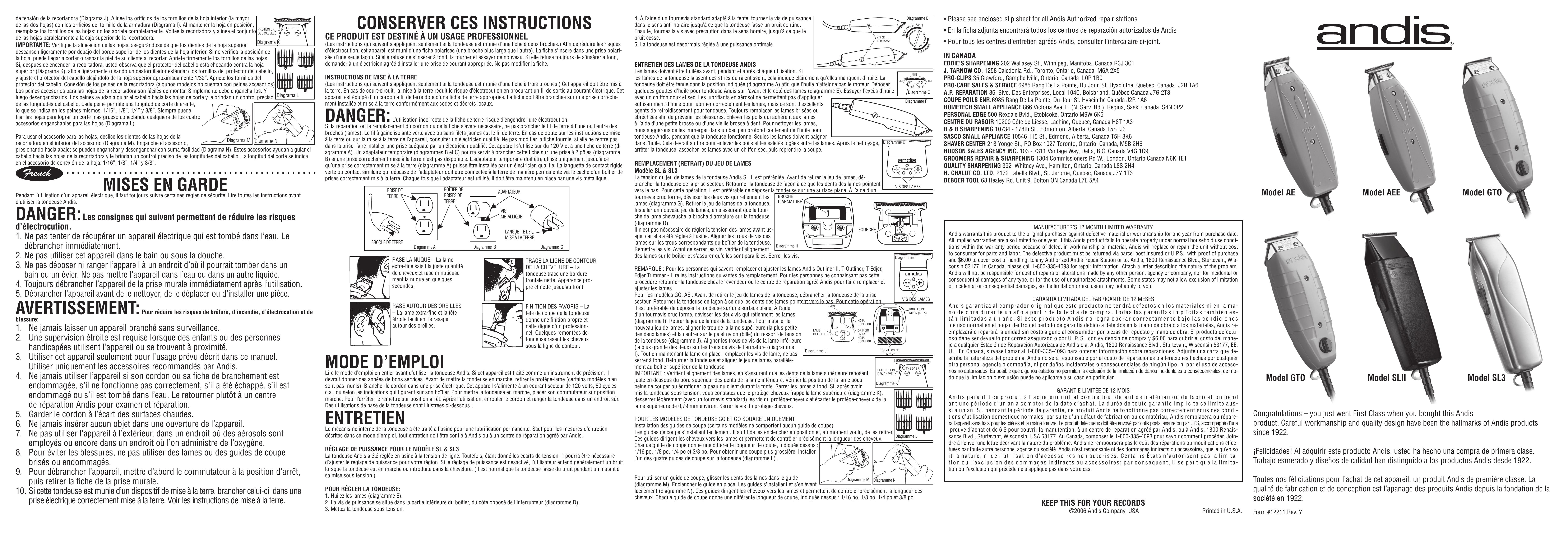 Andis Company SL II AND SL3 Electric Shaver User Manual
