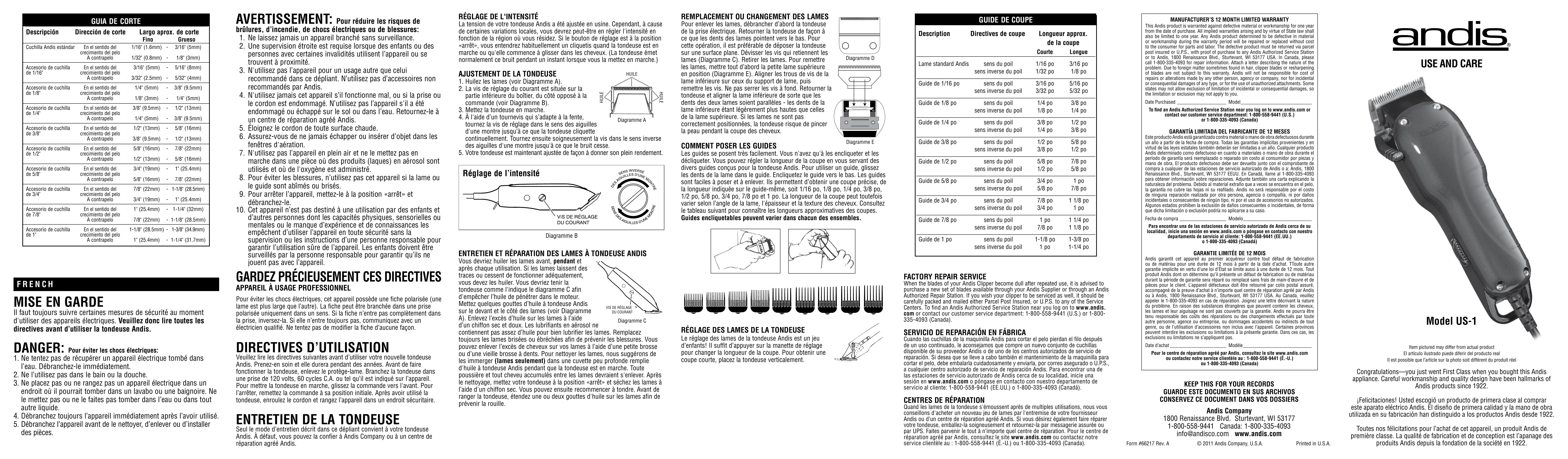 Andis Company US-1 Electric Shaver User Manual