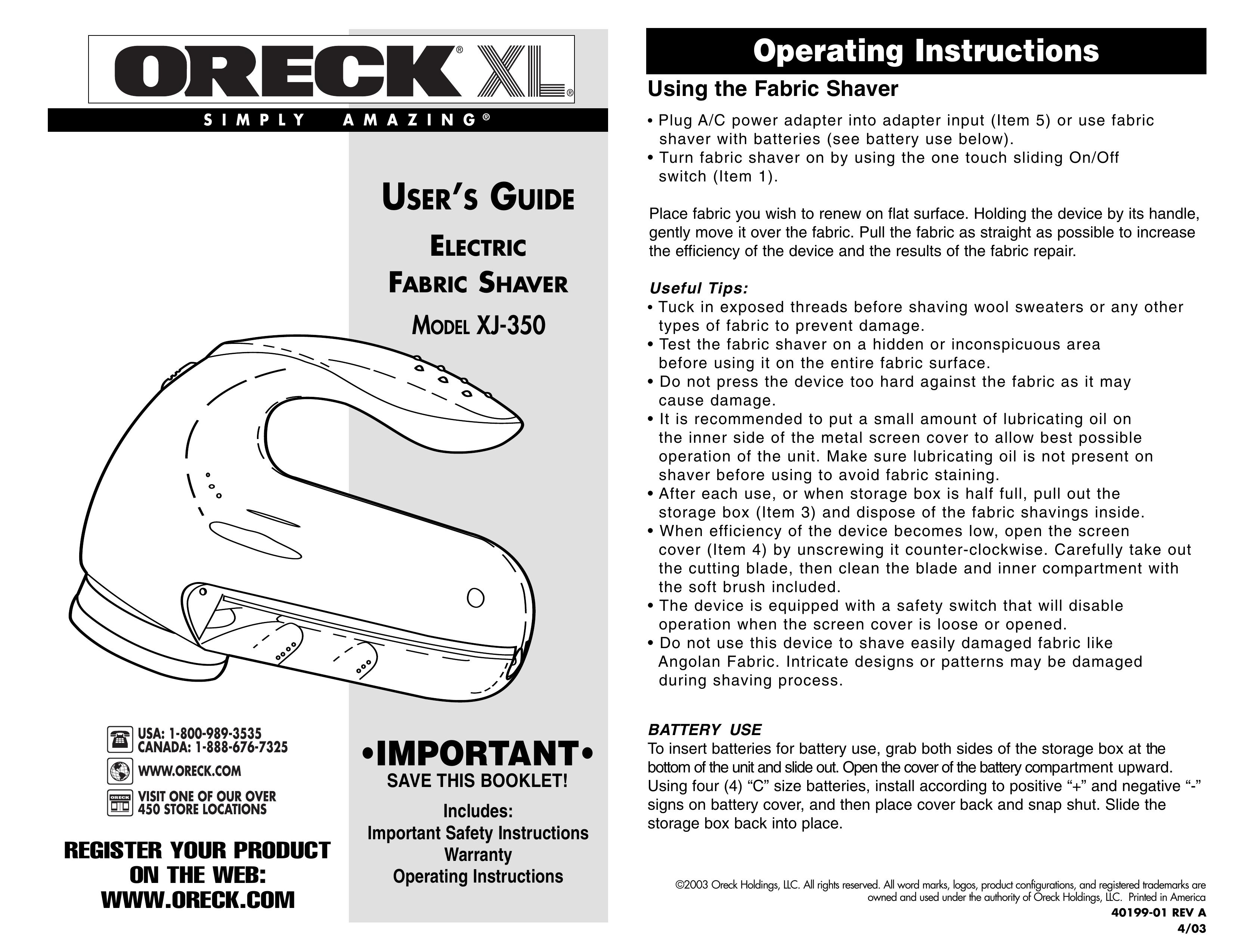 Oreck XJ-350 Electric Shaver User Manual