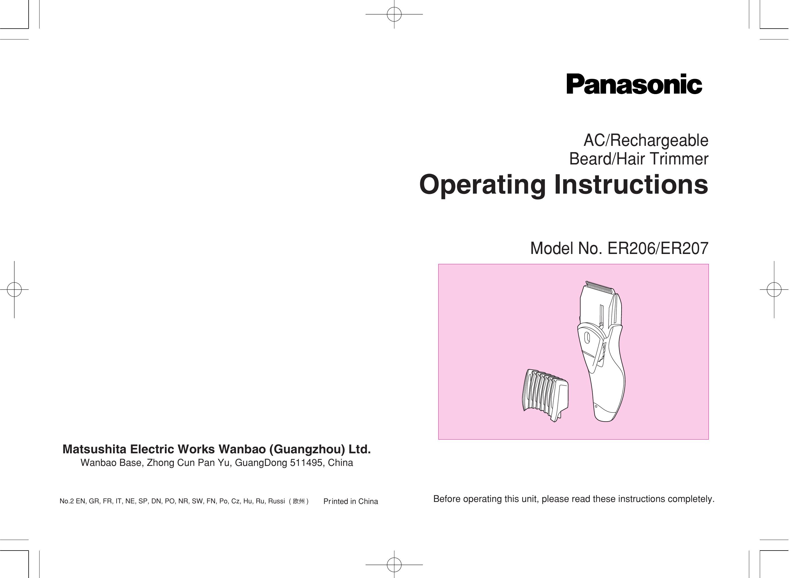 Panasonic ER207 Electric Shaver User Manual