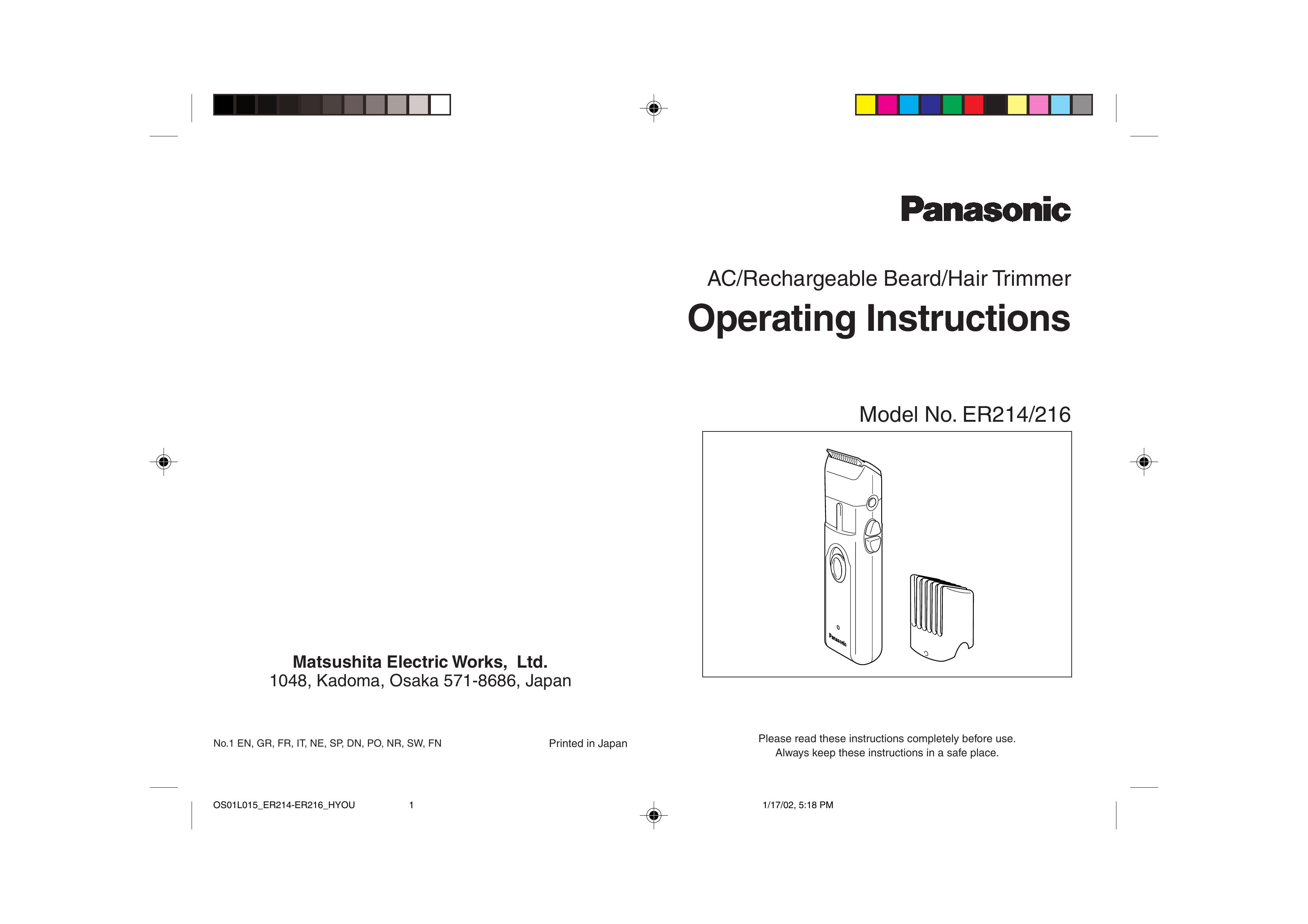 Panasonic ER214/216 Electric Shaver User Manual