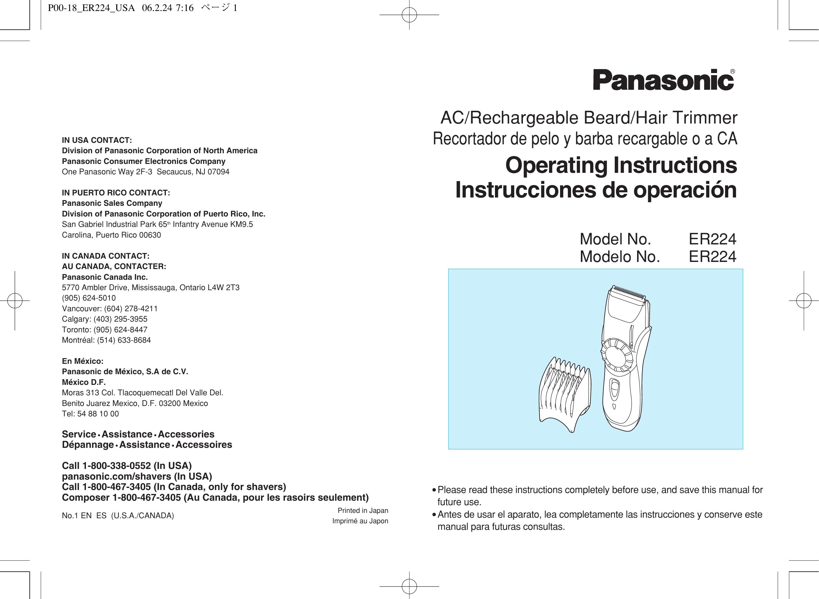 Panasonic ER224 Electric Shaver User Manual