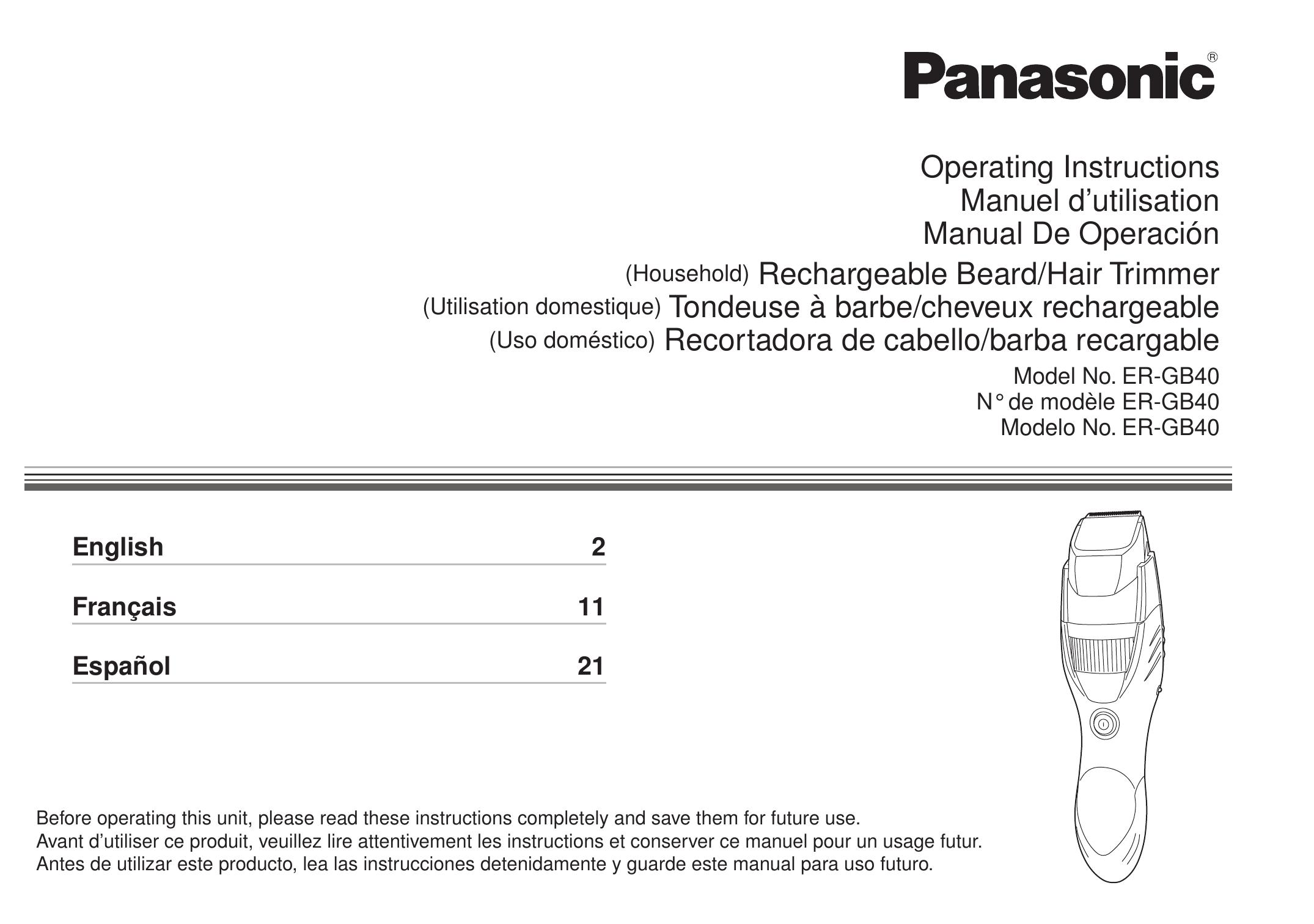 Panasonic ERGB40 Electric Shaver User Manual