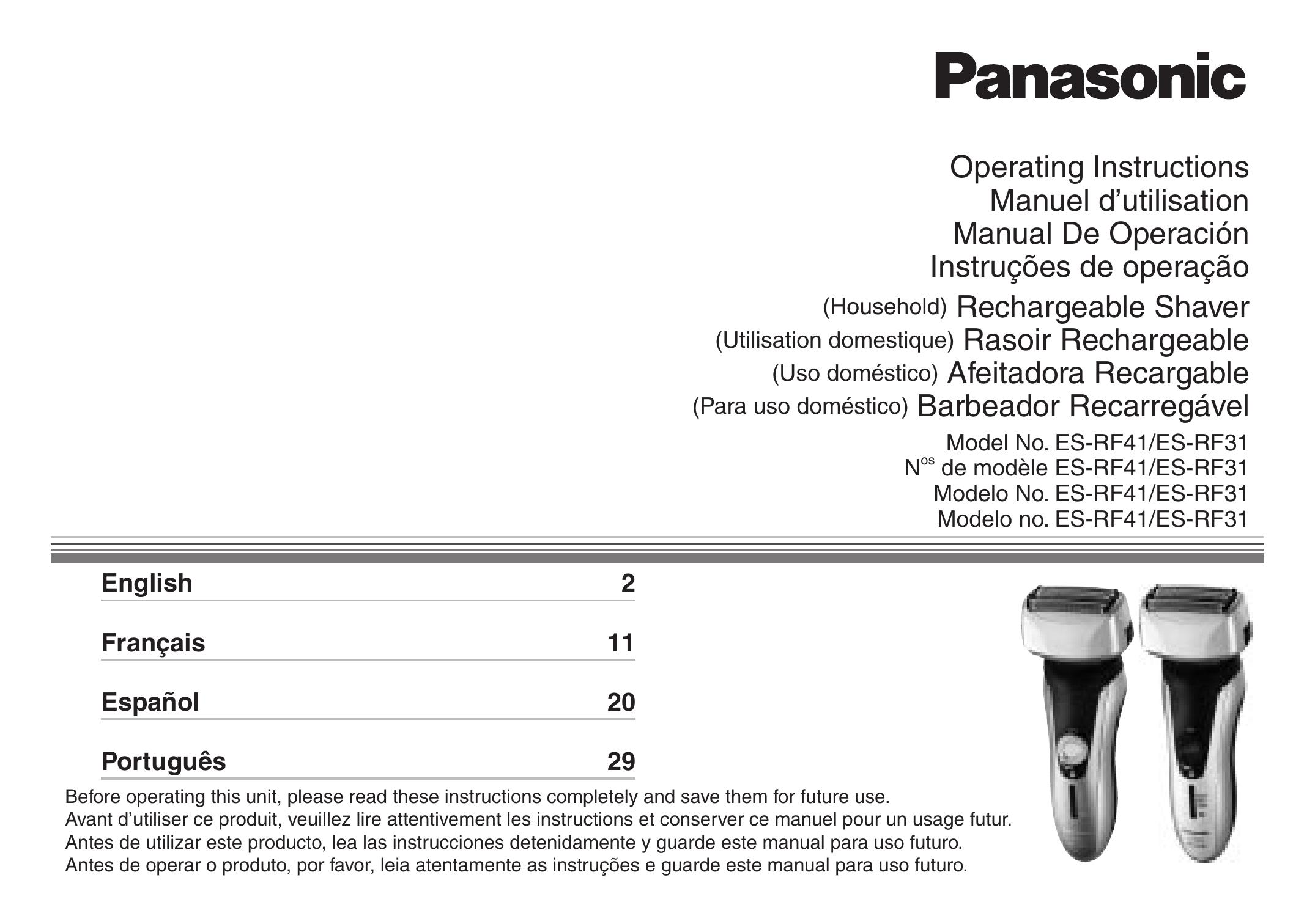 Panasonic ES-RF41/ES-RF31 Electric Shaver User Manual